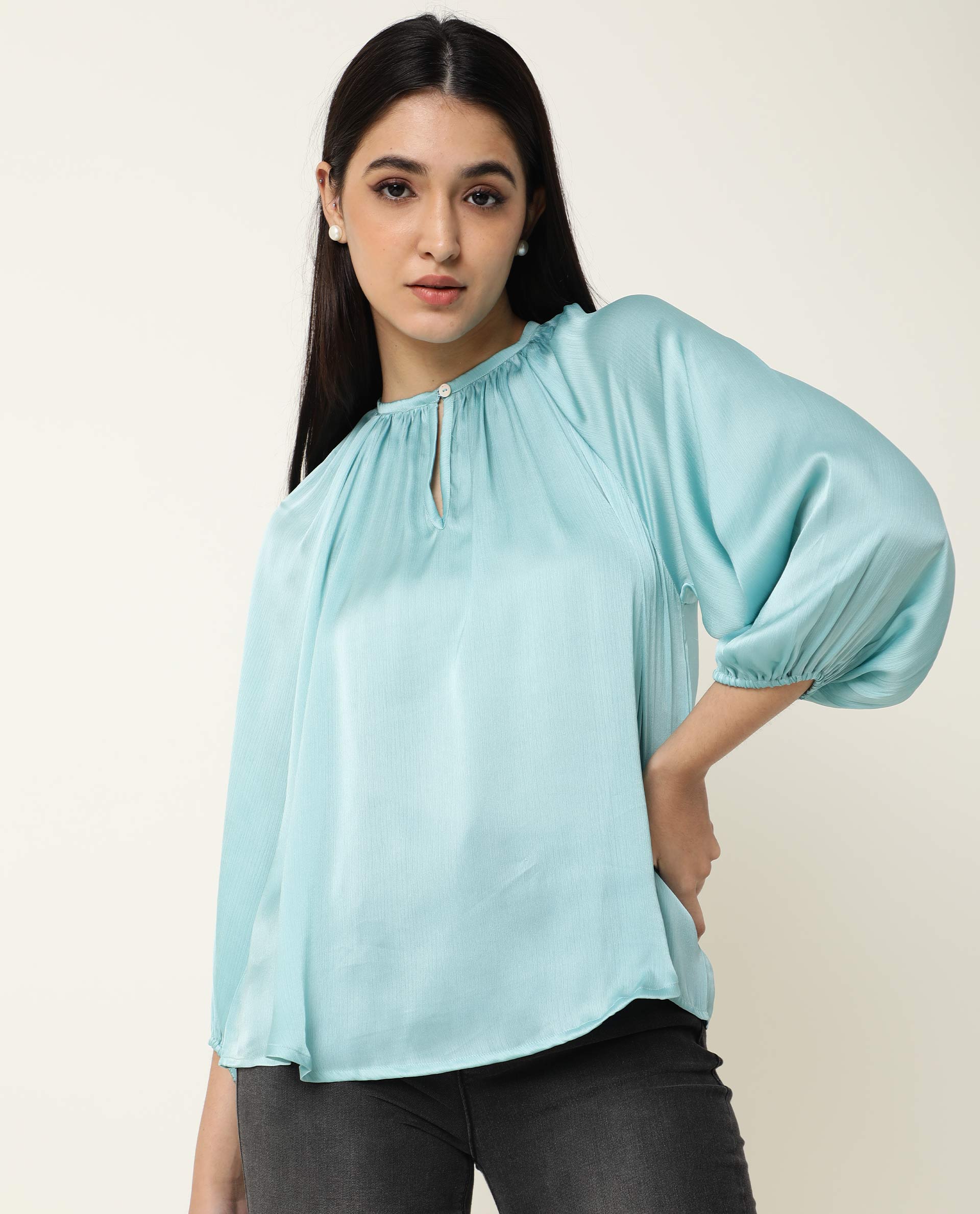 Rareism Women's Fall Blue Key Hole Neck Plain Knee Length Regular Fit Top