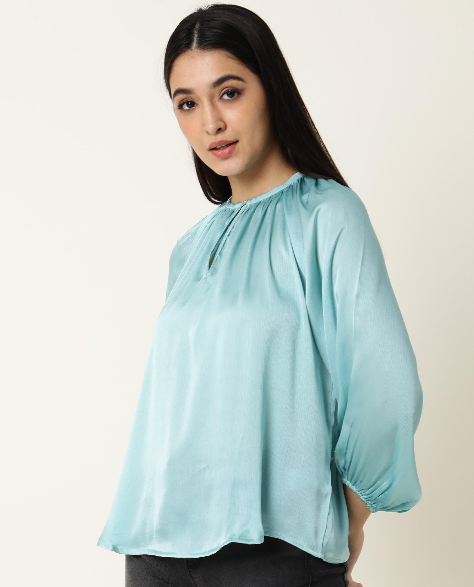 Rareism Women's Fall Blue Key Hole Neck Plain Knee Length Regular Fit Top