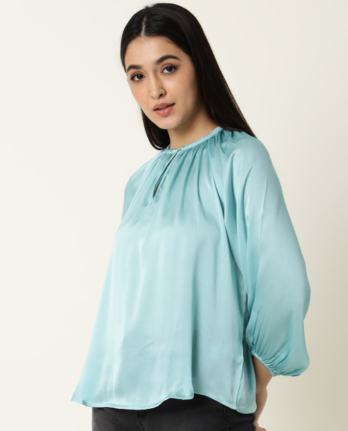 Rareism Womens Fall Blue Top Polyester Fabric Regular Fit Balloon Sleeve Round Neck