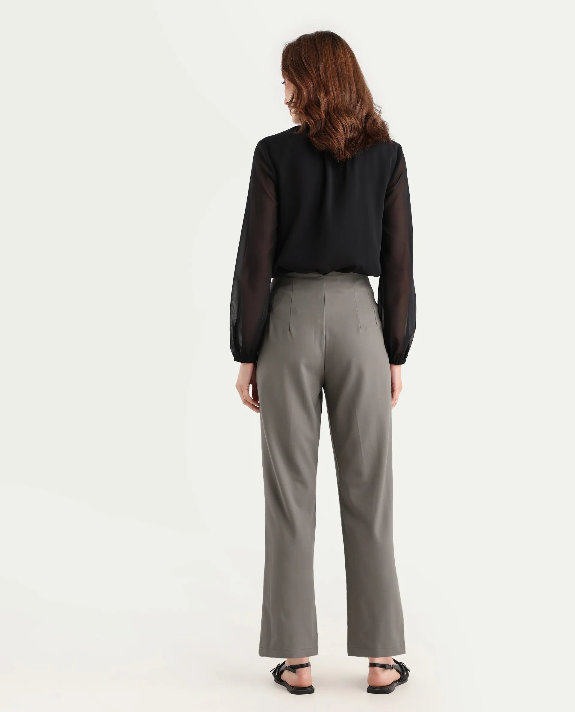 Rareism Women's Falqu Dusky Grey Polyester Blend Plain Ankle Length Tapered Trouser