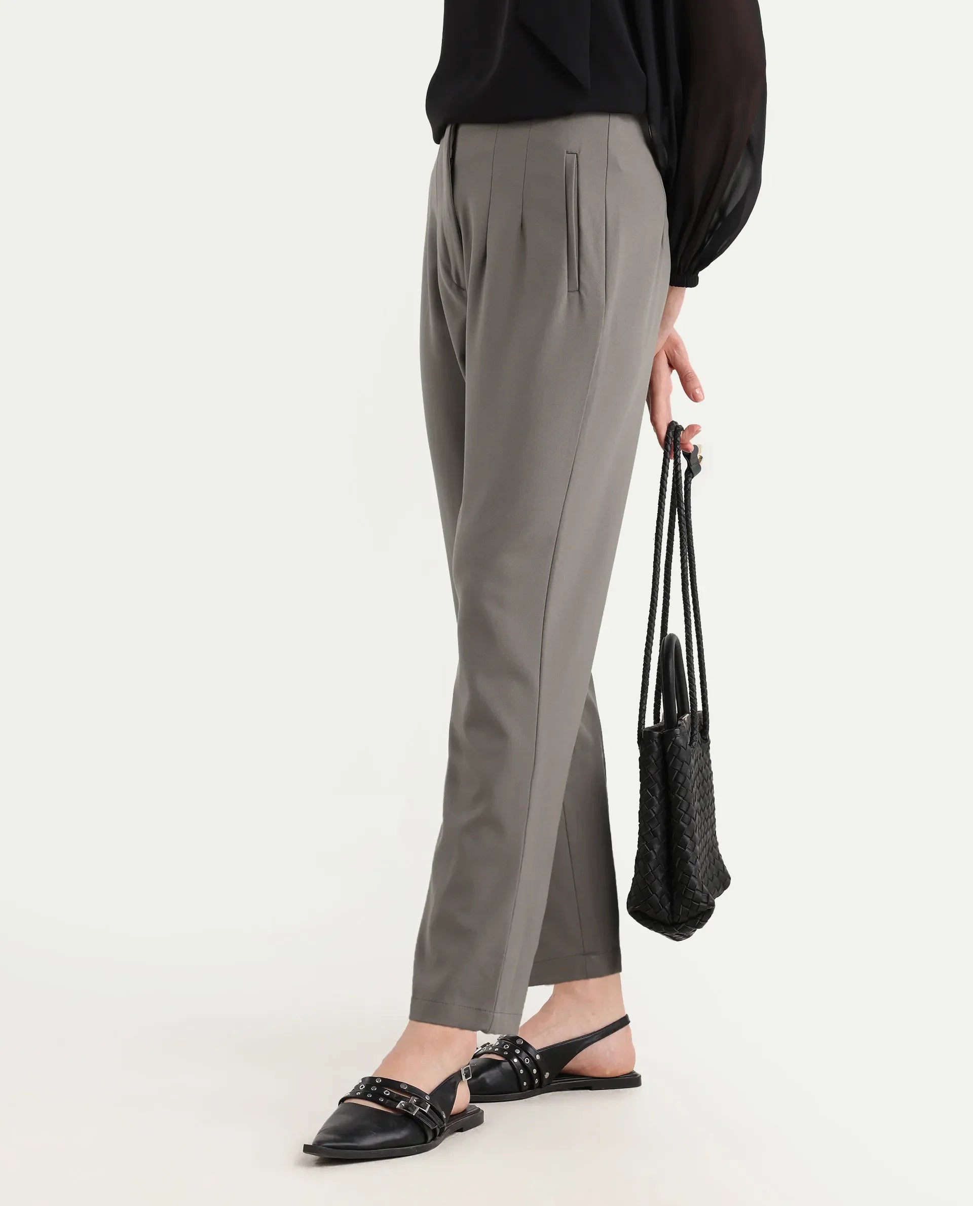 Rareism Women's Falqu Dusky Grey Polyester Blend Plain Ankle Length Tapered Trouser