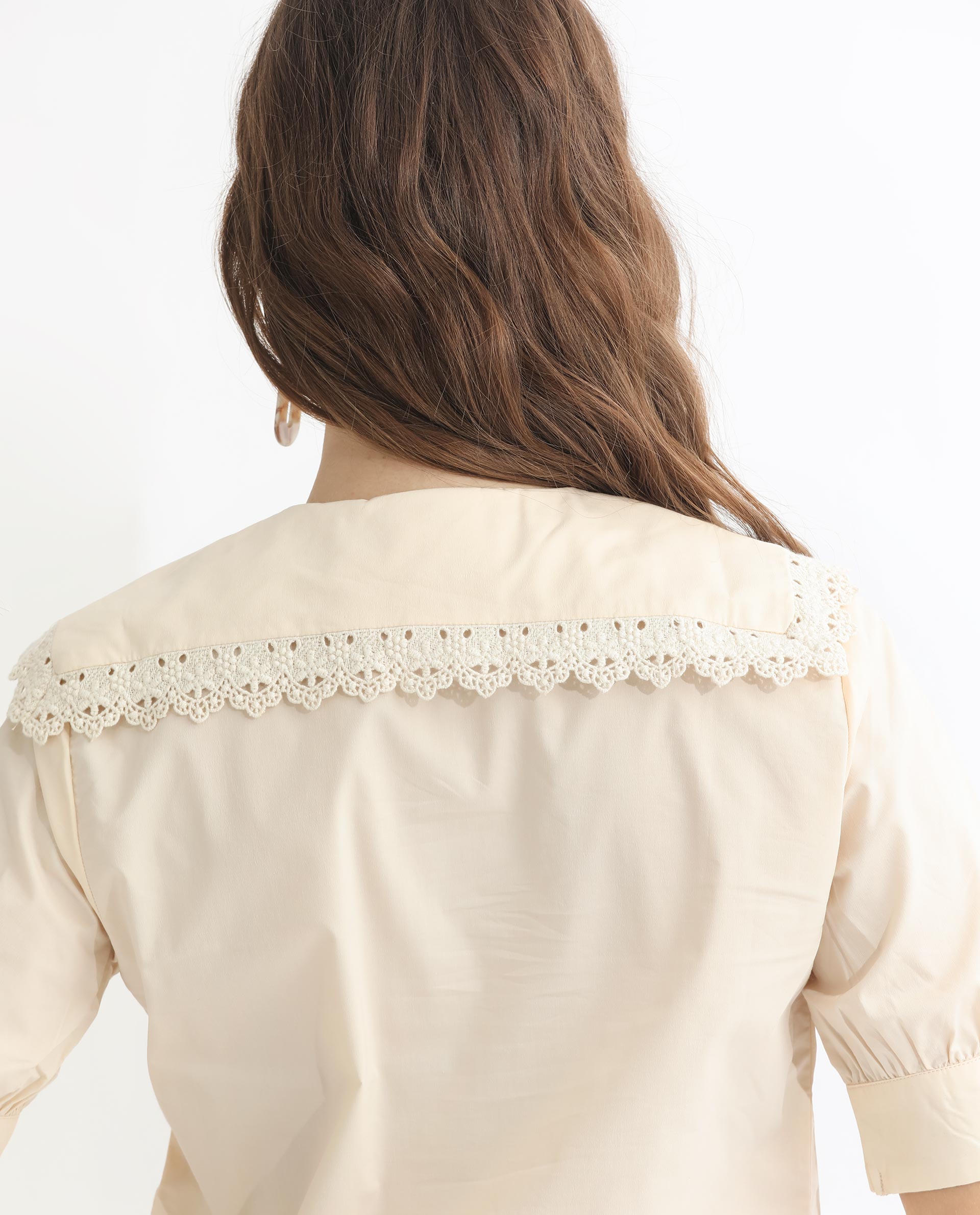 Rareism Women's Farse Beige Polyester Spread Collar Plain Puff Sleeves Regular Fit Top