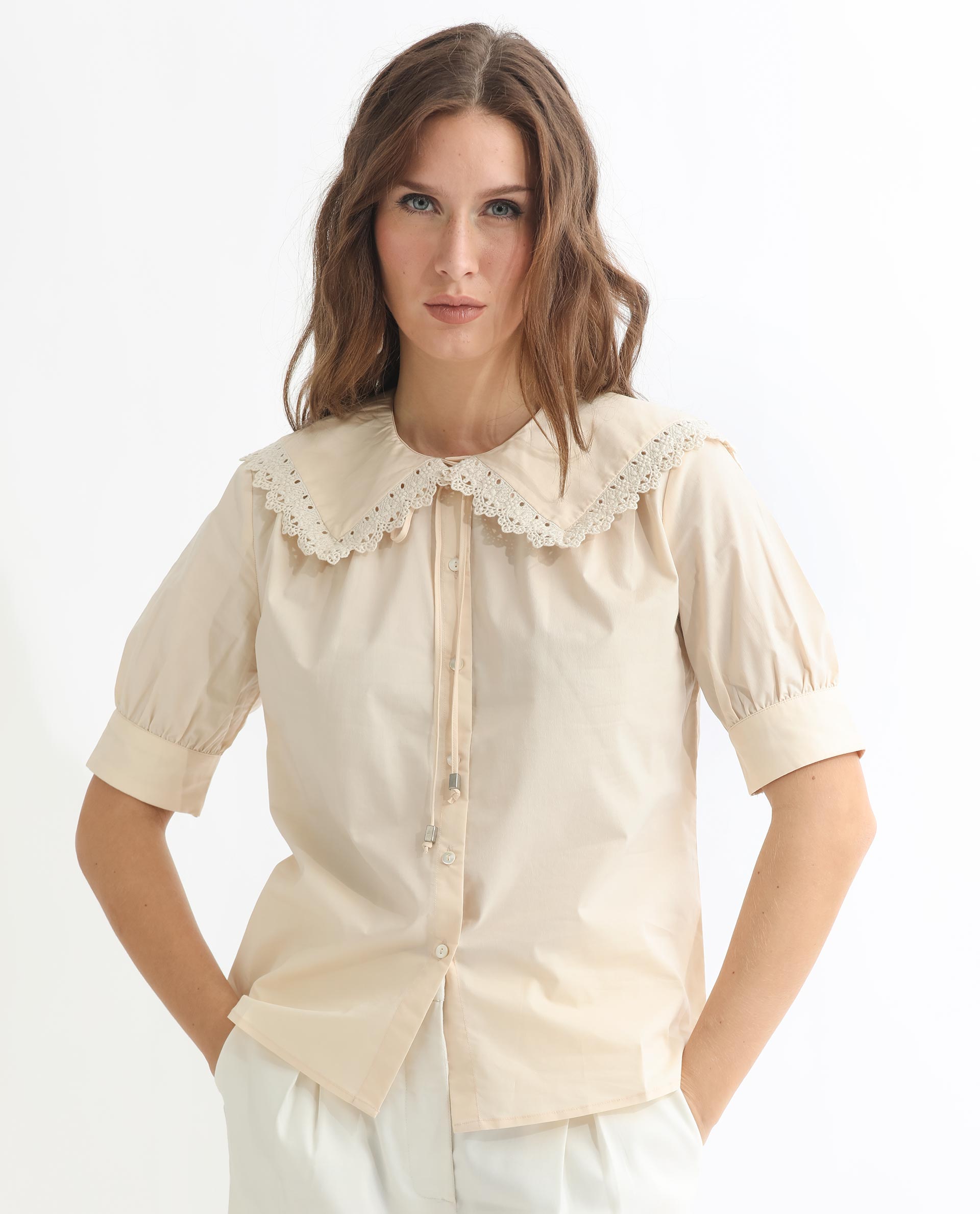 Rareism Women's Farse Beige Polyester Spread Collar Plain Puff Sleeves Regular Fit Top