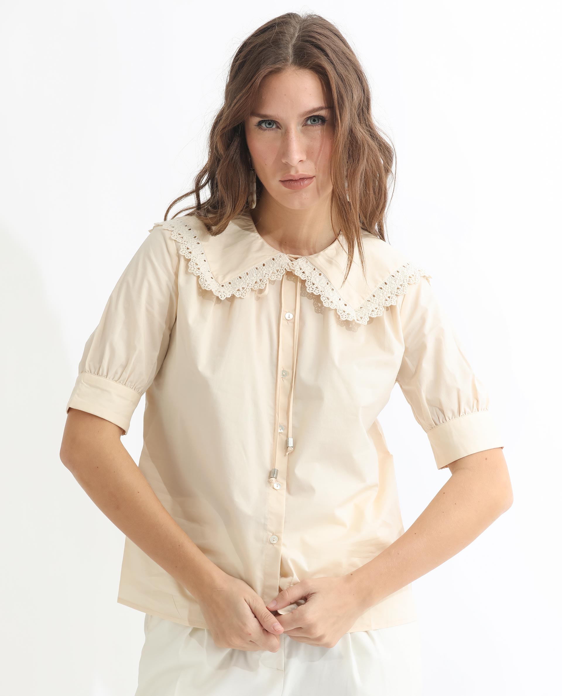 Rareism Women's Farse Beige Polyester Spread Collar Plain Puff Sleeves Regular Fit Top