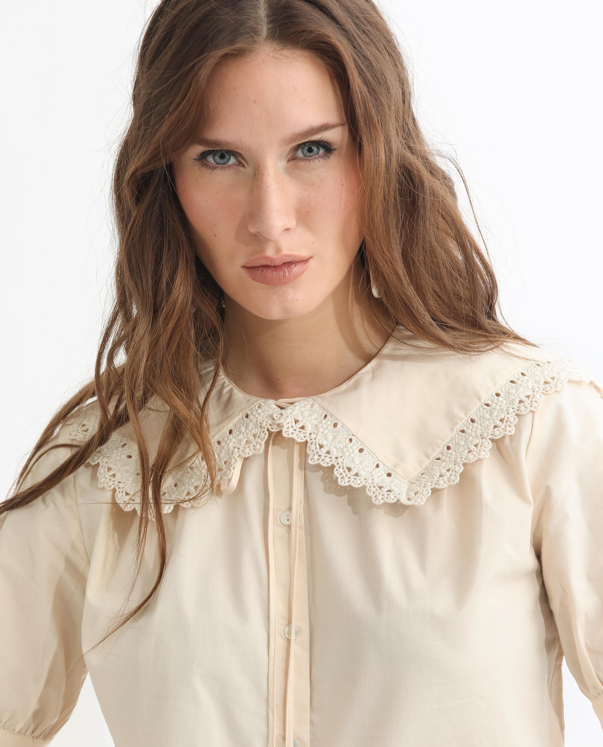 Rareism Women's Farse Beige Polyester Spread Collar Plain Puff Sleeves Regular Fit Top