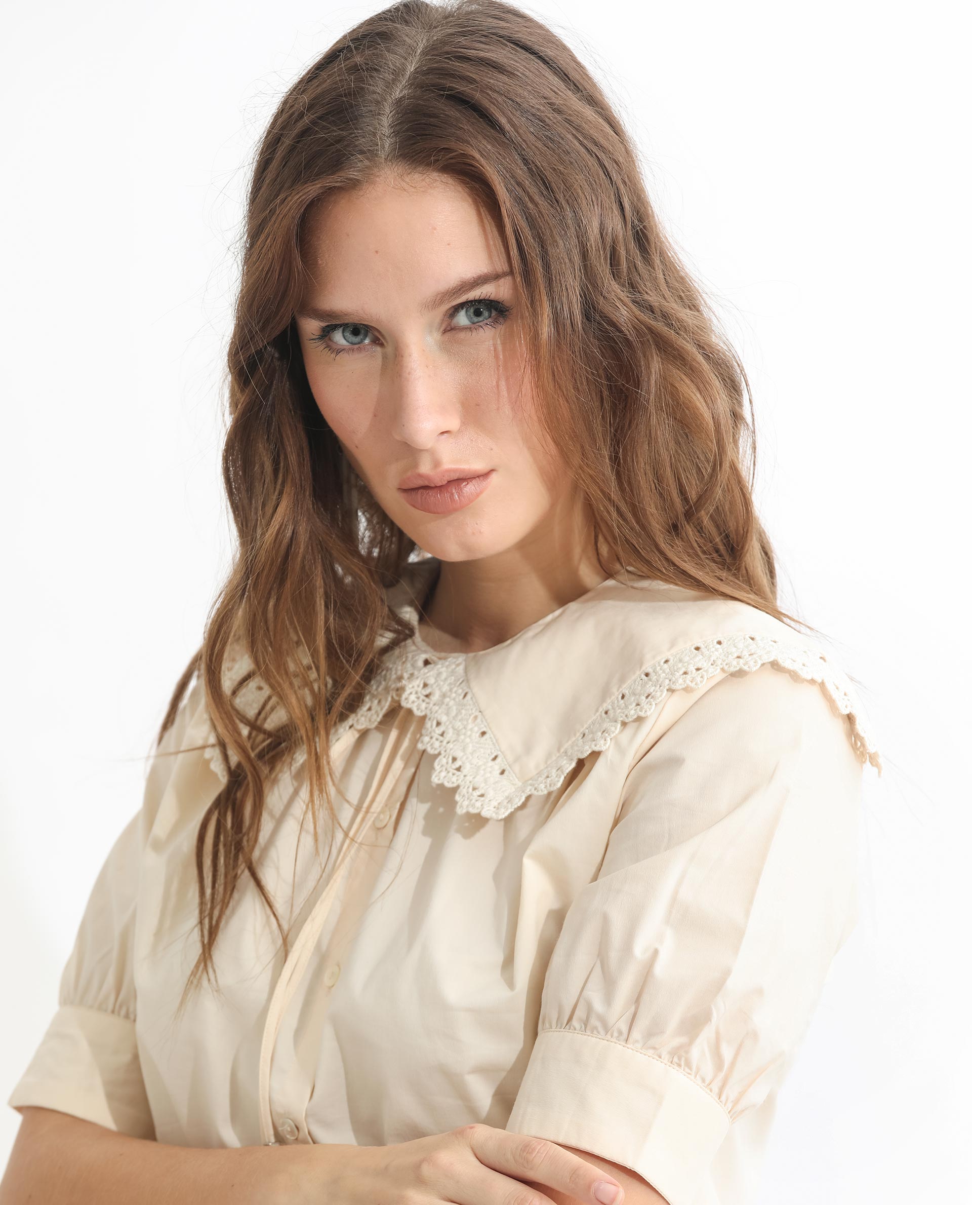 Rareism Women's Farse Beige Polyester Spread Collar Plain Puff Sleeves Regular Fit Top