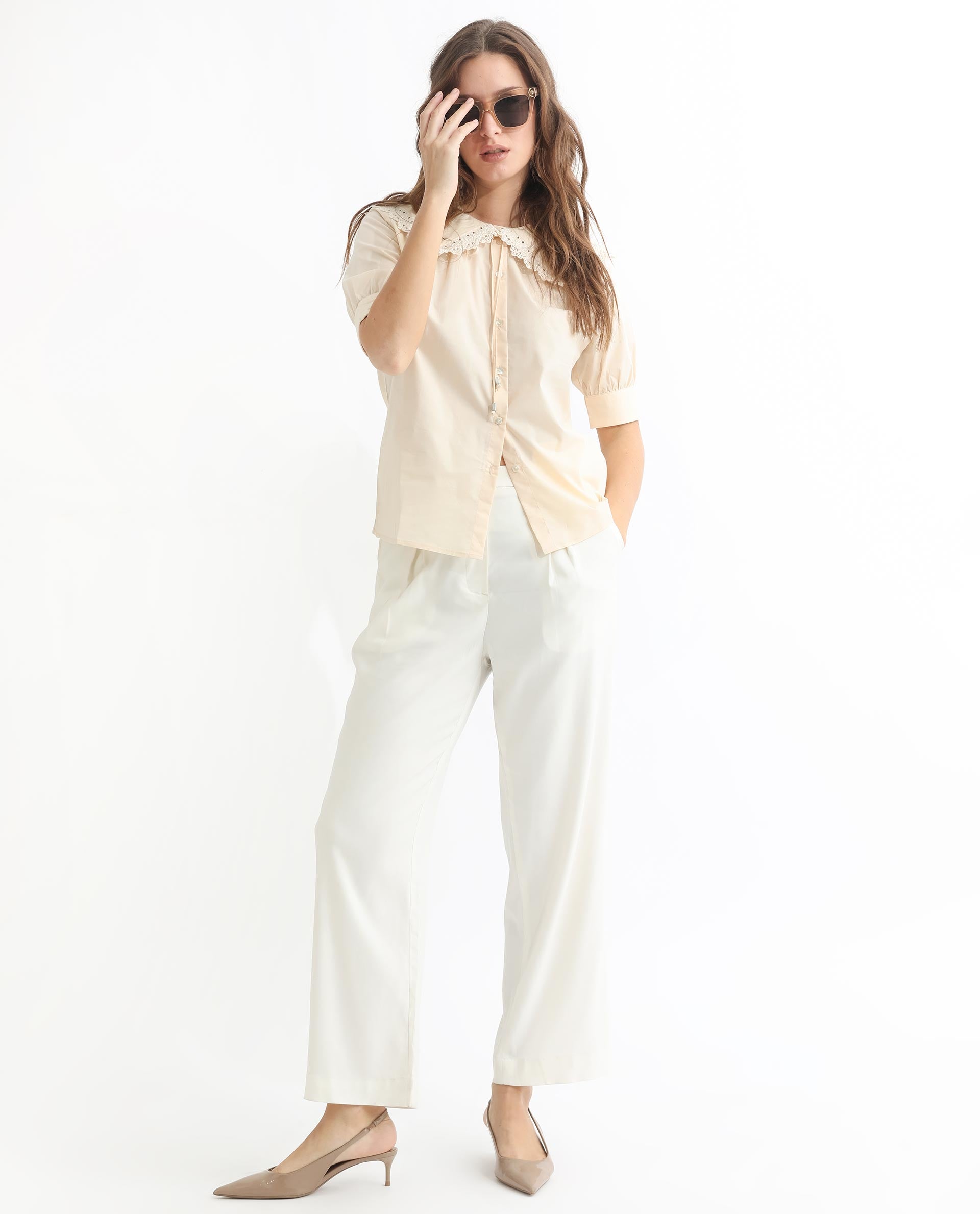 Rareism Women's Farse Beige Polyester Spread Collar Plain Puff Sleeves Regular Fit Top