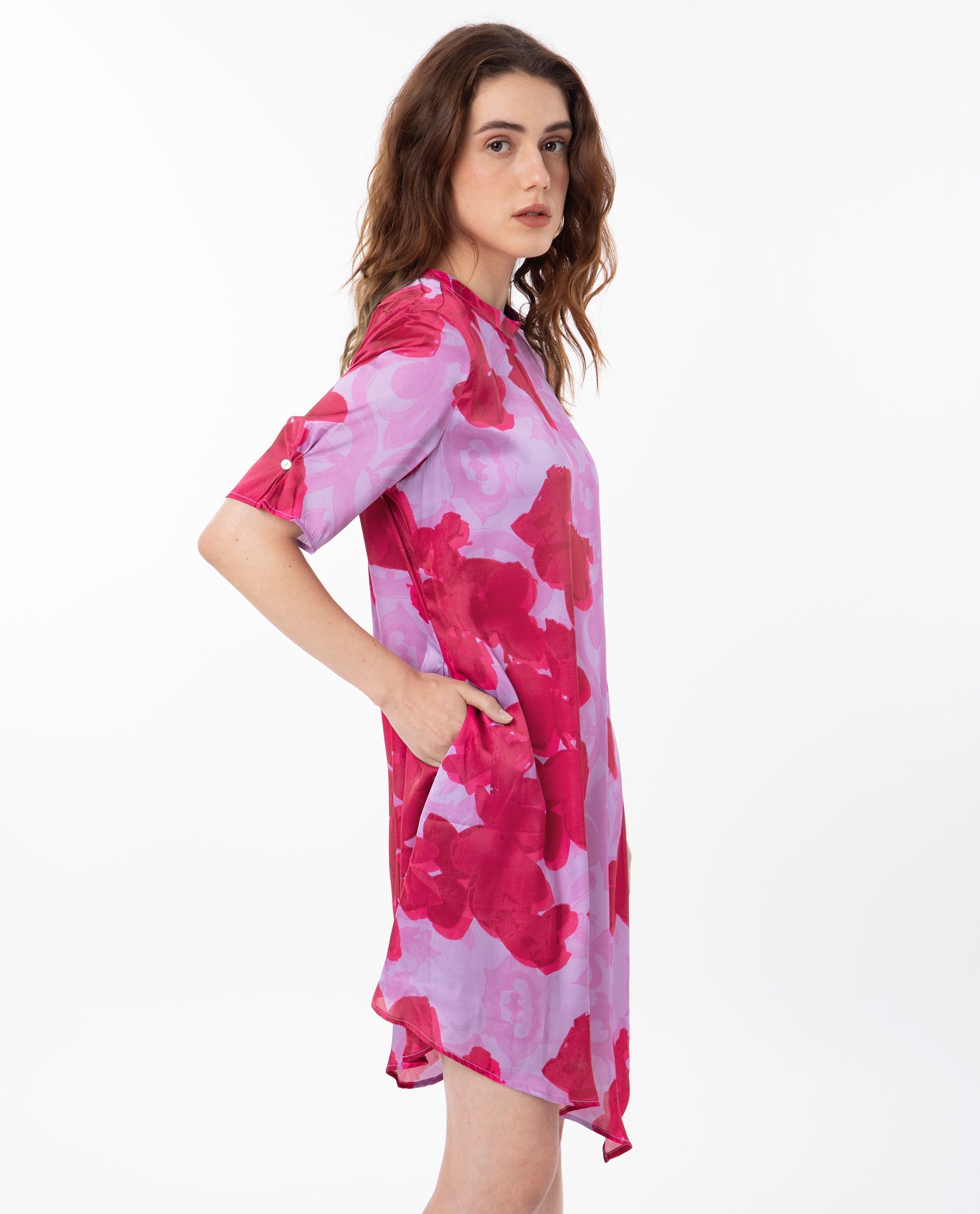 Rareism Women's Fasan Light Purple Polyester High Neck Floral Print Knee Length Relaxed Fit Dress