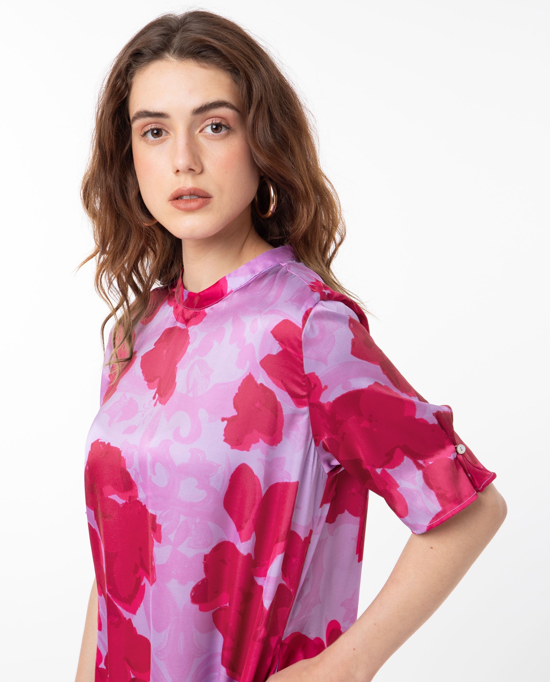 Rareism Women's Fasan Light Purple Polyester High Neck Floral Print Knee Length Relaxed Fit Dress