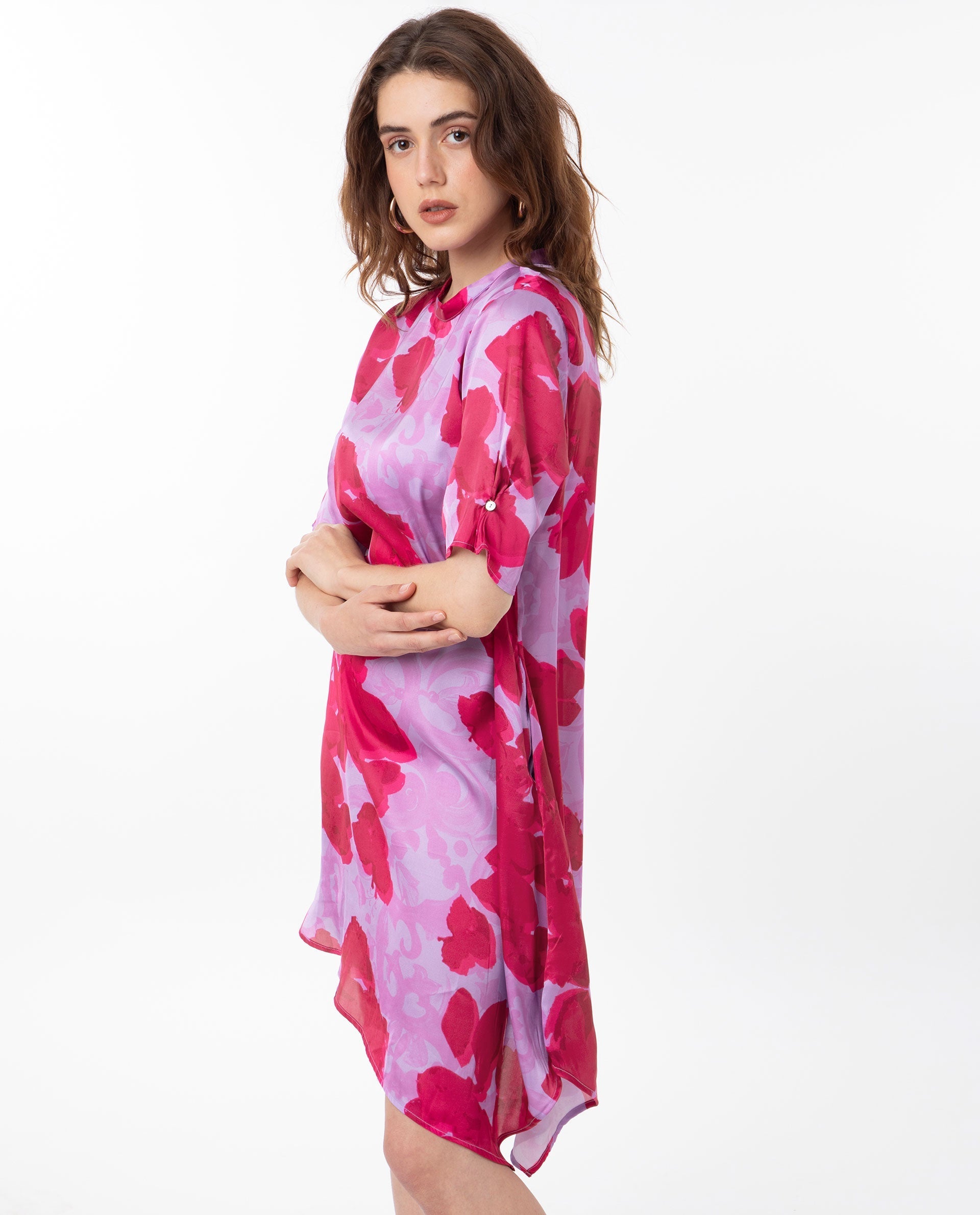 Rareism Women's Fasan Light Purple Polyester High Neck Floral Print Knee Length Relaxed Fit Dress