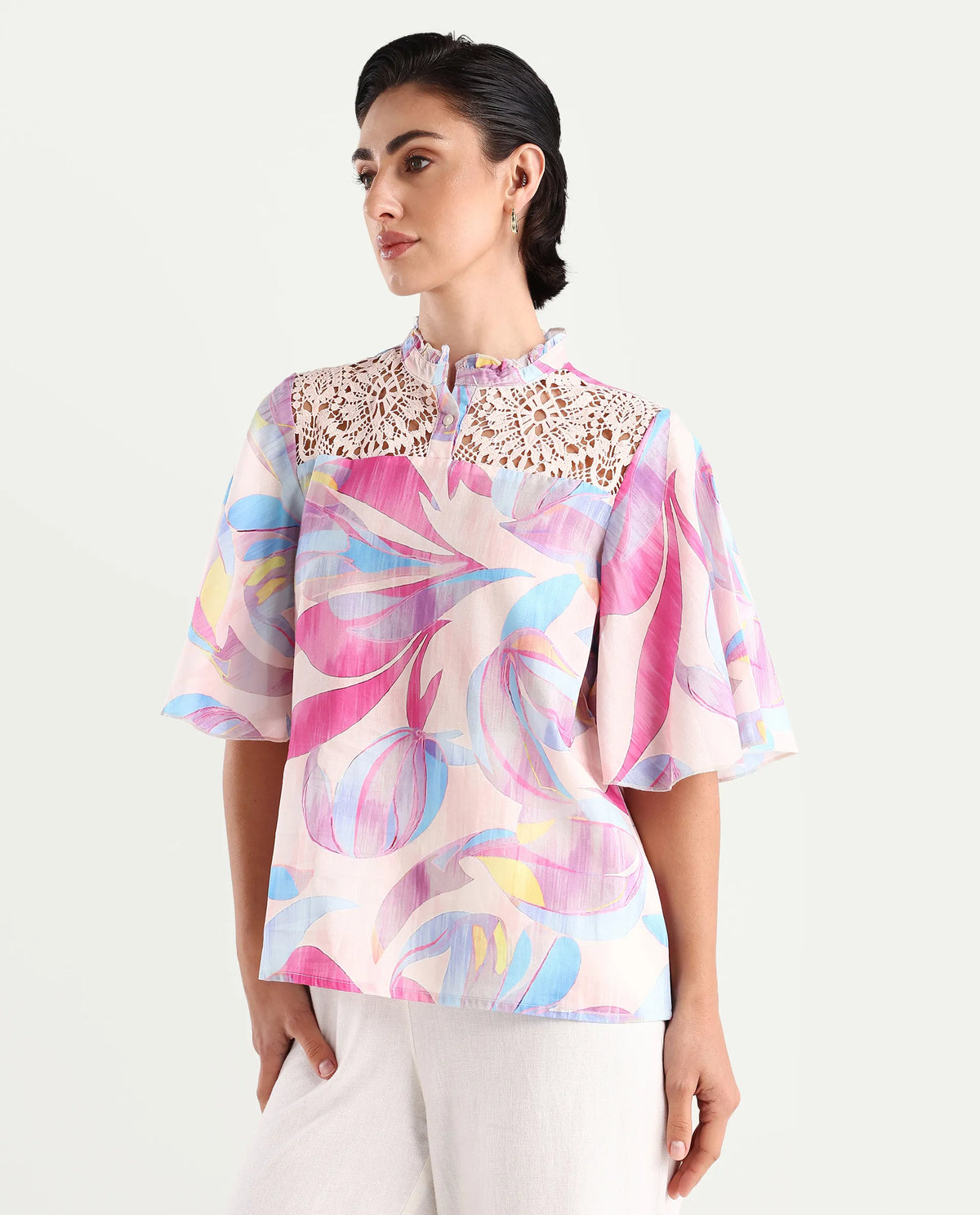 Rareism Women's Feli Pink Cotton Sweetheart Neck Abstract Print Ruffled Sleeve Regular Fit Top