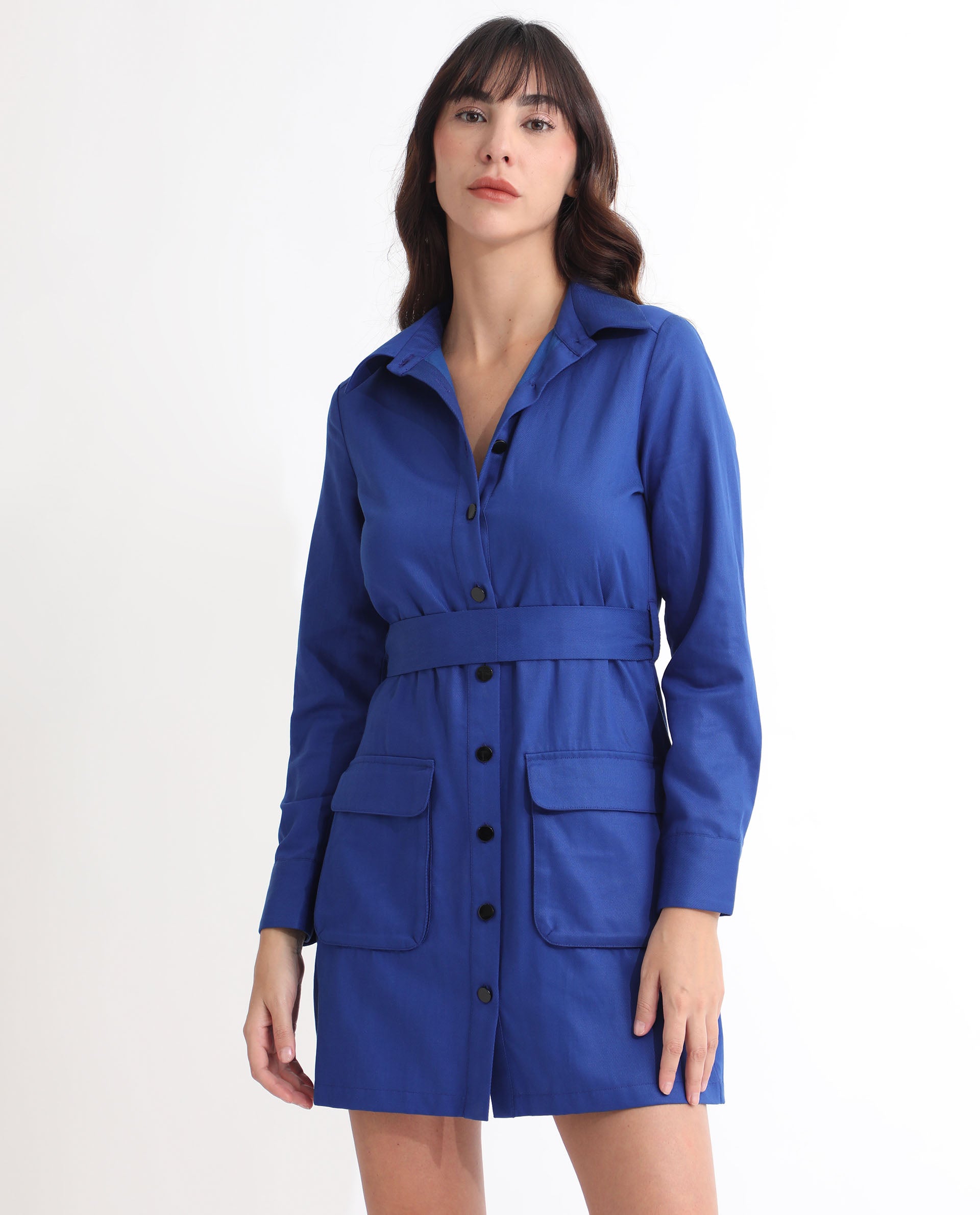 Rareism Women's Fenko Flouroscent Blue Cotton Spread Collar Plain Mini Relaxed Fit Dress