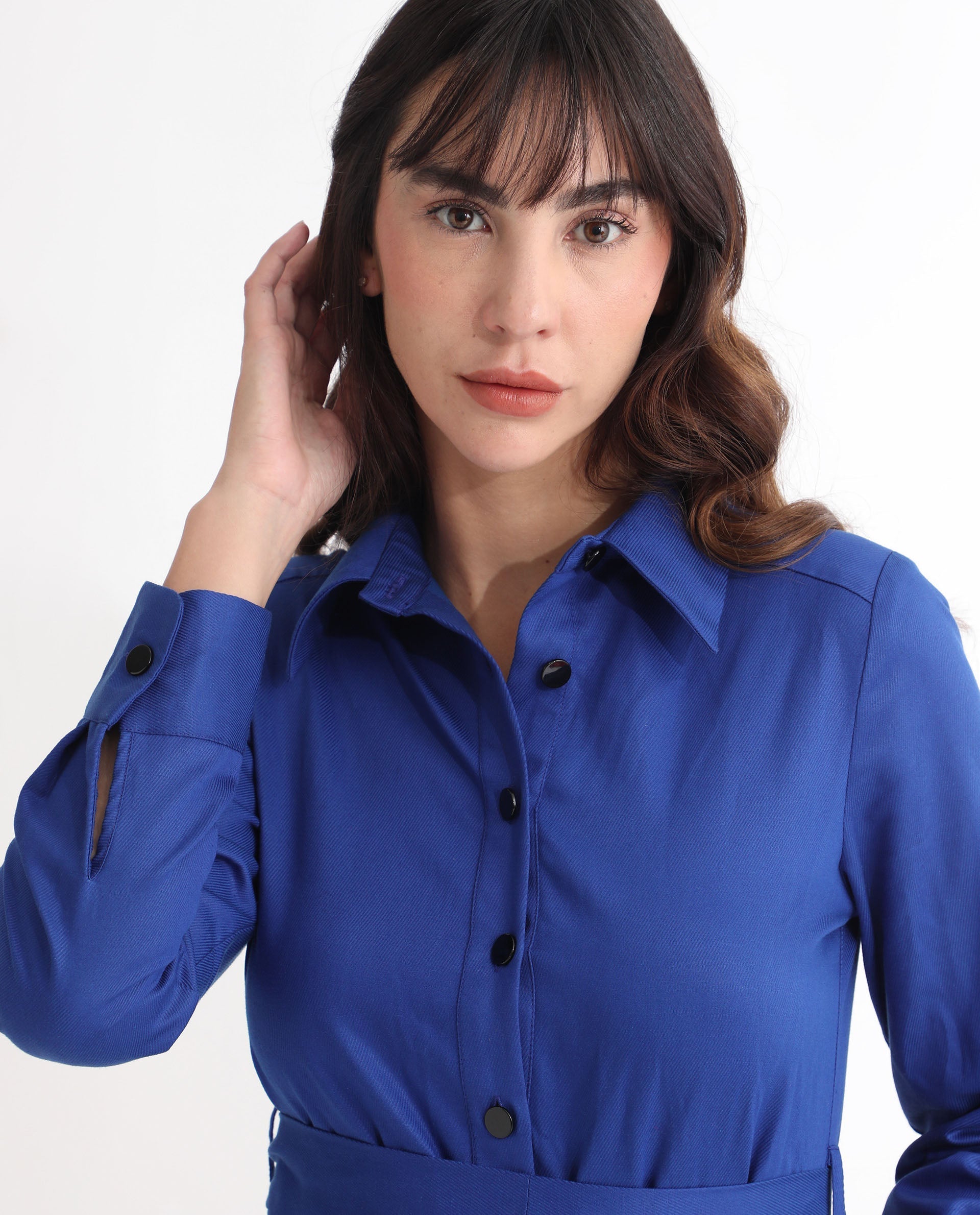 Rareism Women's Fenko Flouroscent Blue Cotton Spread Collar Plain Mini Relaxed Fit Dress