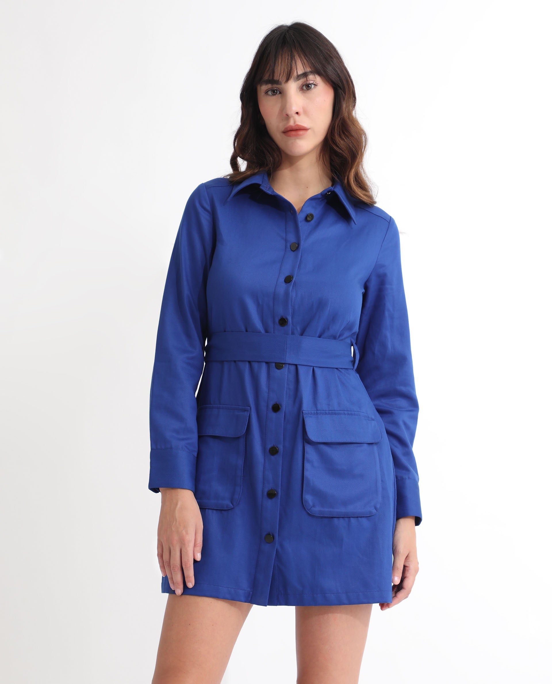 Rareism Women's Fenko Flouroscent Blue Cotton Spread Collar Plain Mini Relaxed Fit Dress