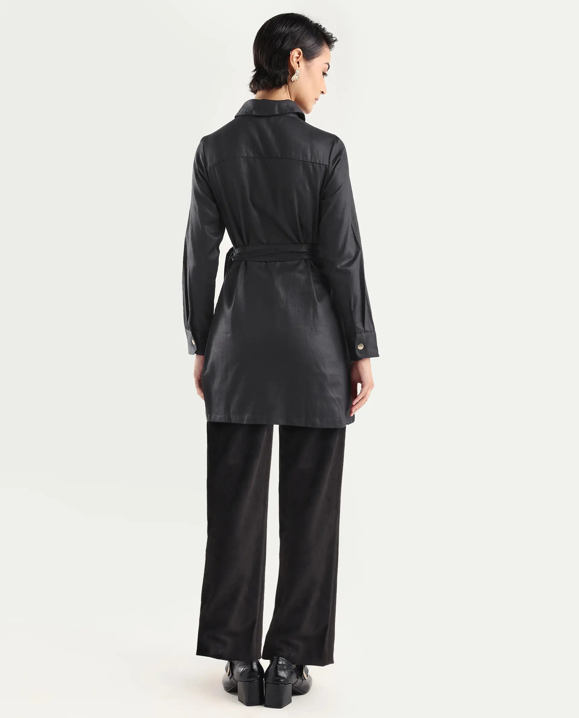 Rareism Women's Fenko Black Cotton Spread Collar Plain Mini Relaxed Fit Dress