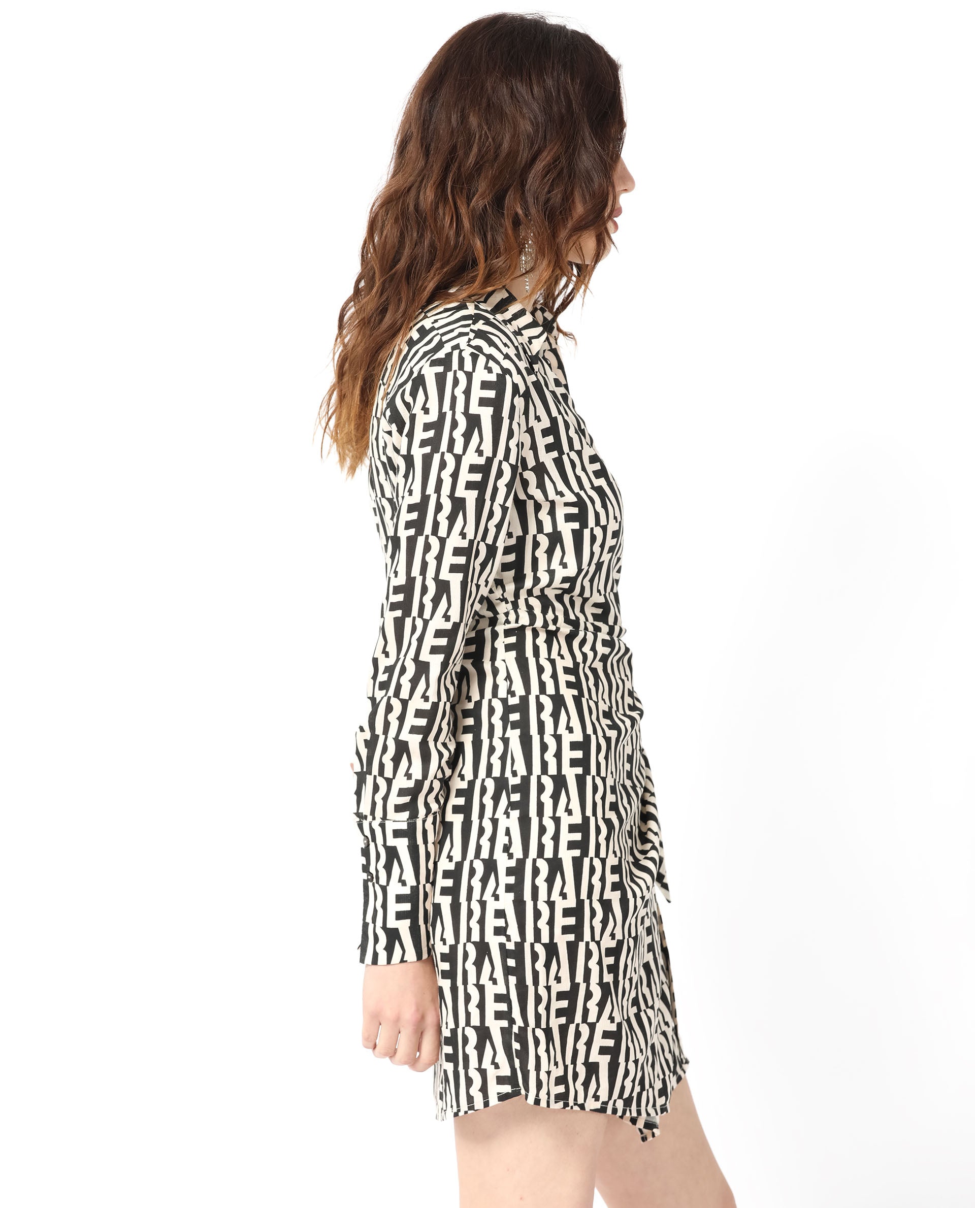 Rareism Women's Sent Off White Cotton Spread Collar Geometric Print Mini Regular Fit Dress