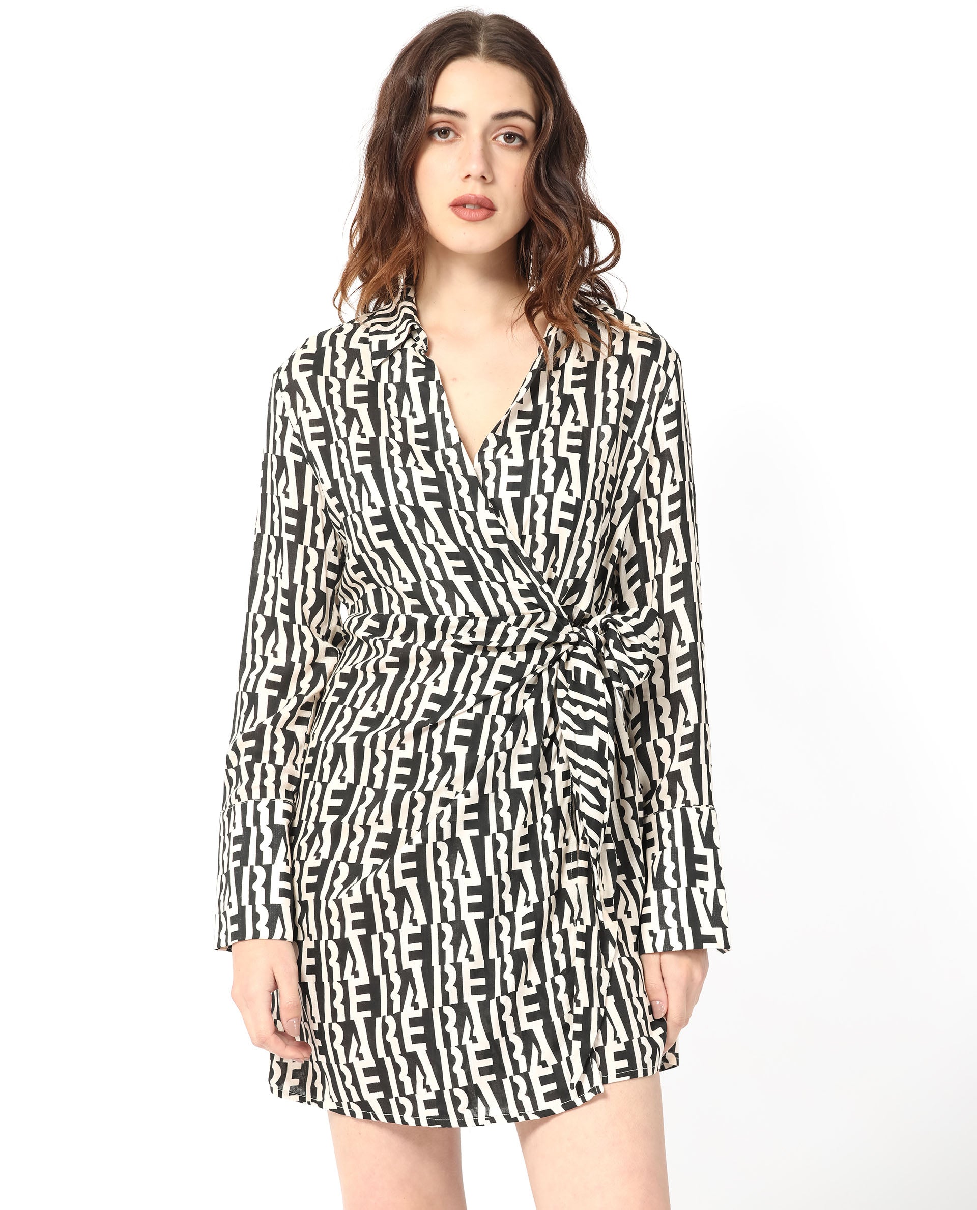 Rareism Women's Sent Off White Cotton Spread Collar Geometric Print Mini Regular Fit Dress