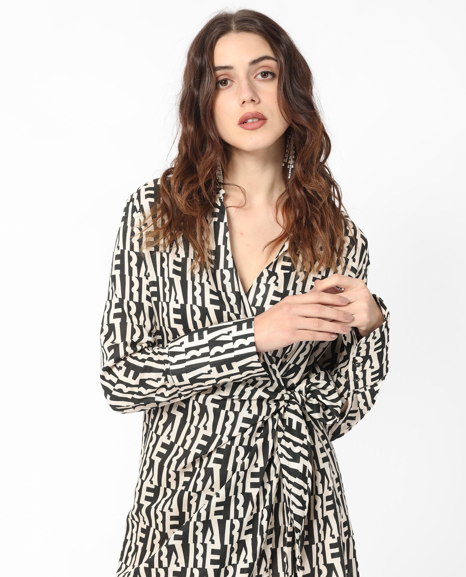 Rareism Women's Sent Off White Cotton Spread Collar Geometric Print Mini Regular Fit Dress