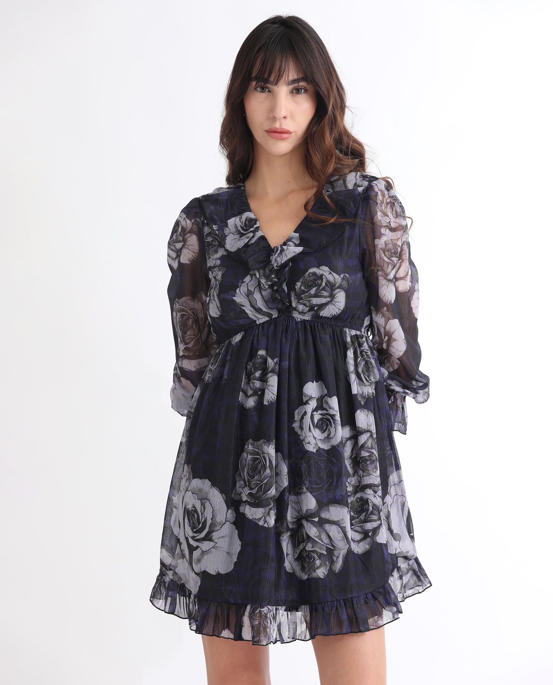 Rareism Women's Fente Dark Purple Polyester V-Neck Floral Print Balloon Sleeve Mini Relaxed Fit Dress