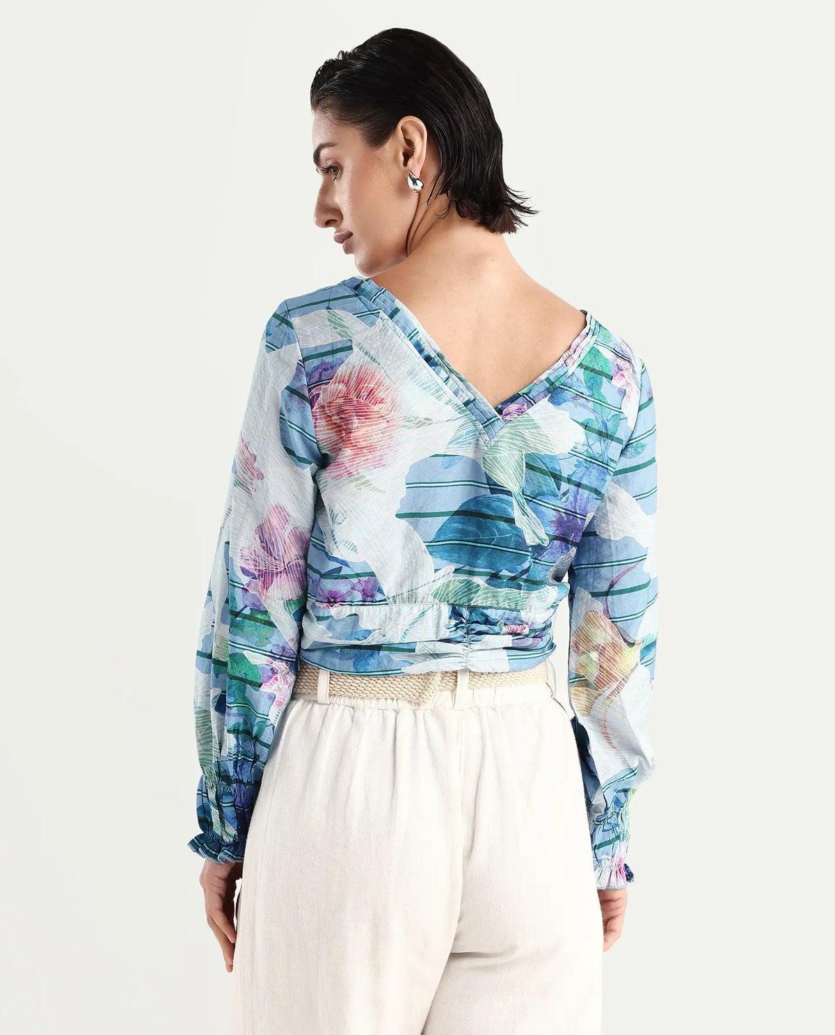 Rareism Women's Feonao Blue Nylon Blend Crew Neck Floral Print Bishop Sleeve Crop Regular Fit Top
