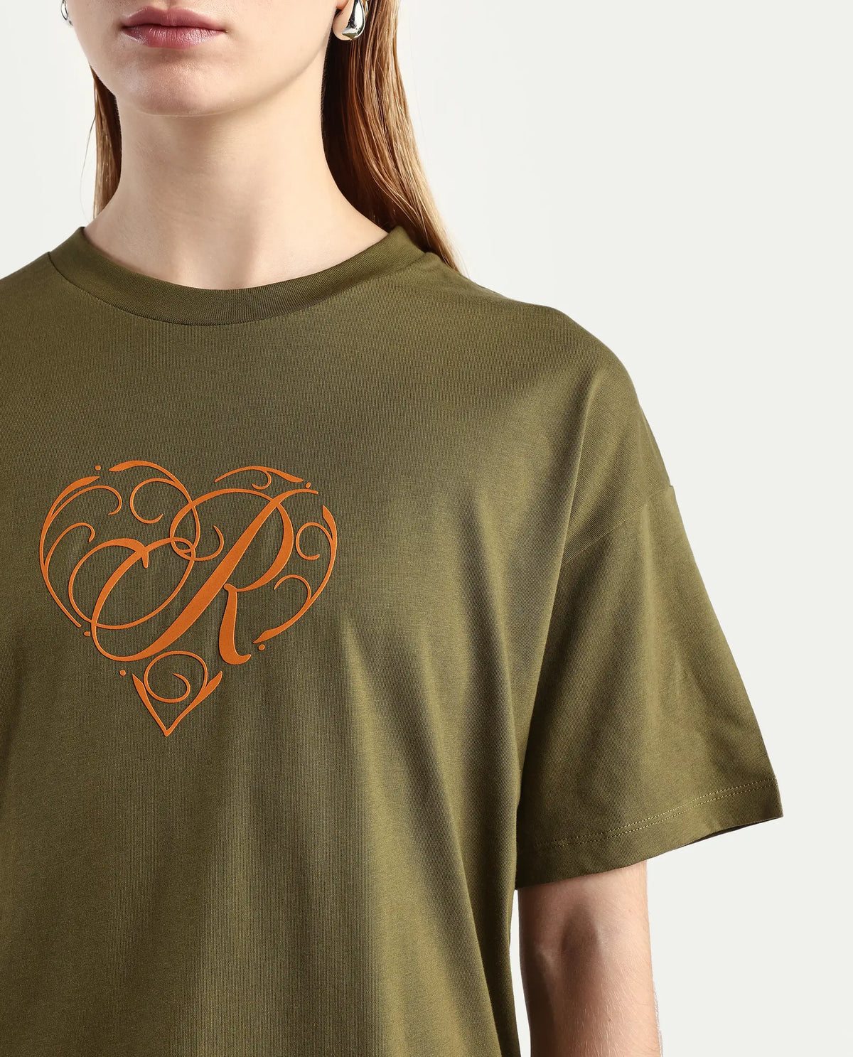 Rareism Women's Fer Dark Olive Cotton Crew Neck Relaxed Fit T-Shirt
