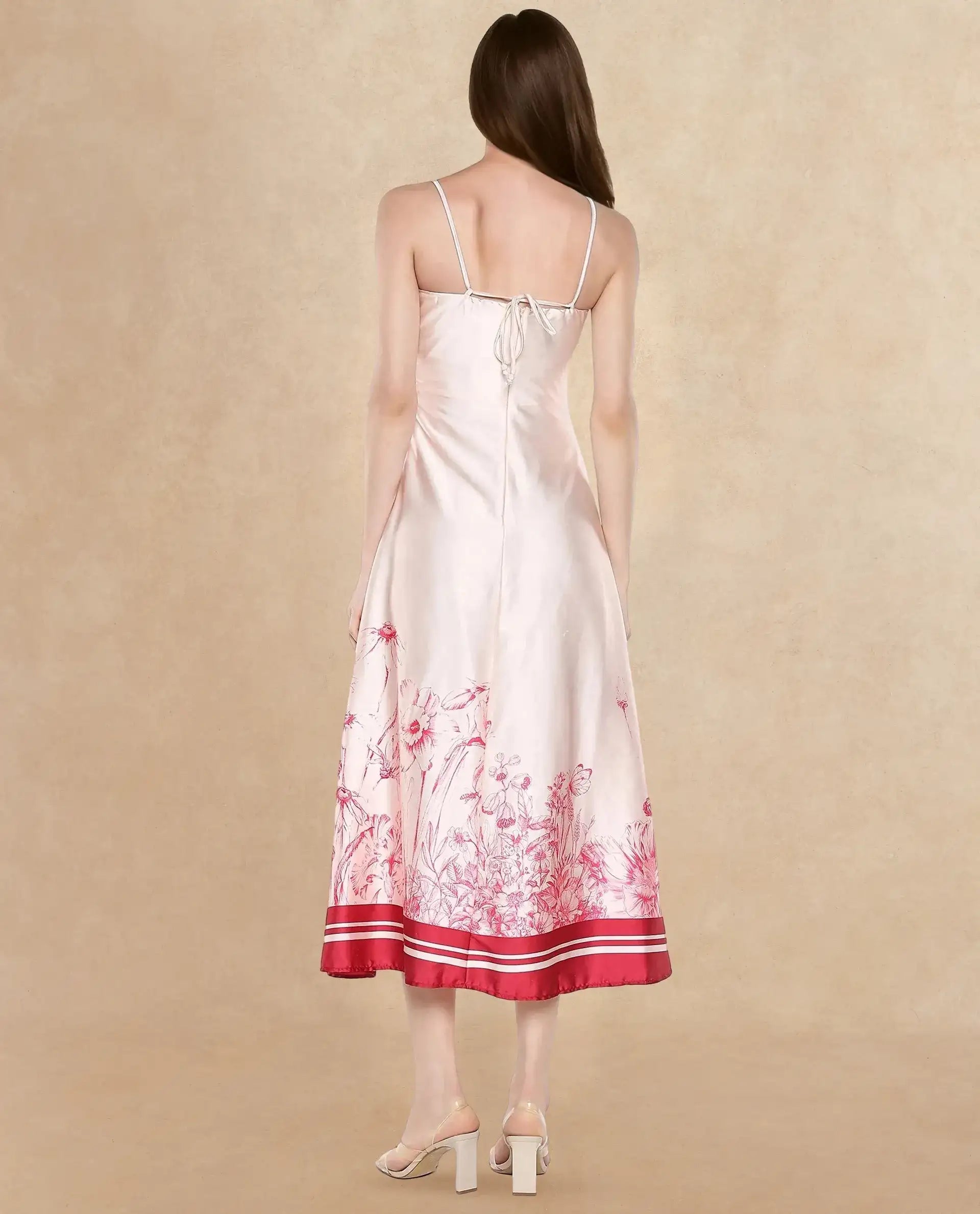 Rareism Women's Ferrara Beige Satin Shoulder Strap Floral Print Shoulder Strap Maxi Bodycon Dress