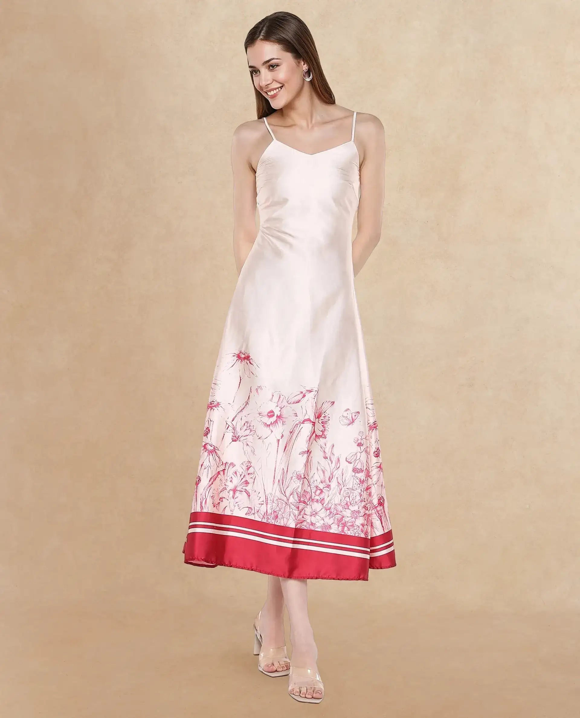 Rareism Women's Ferrara Beige Satin Shoulder Strap Floral Print Shoulder Strap Maxi Bodycon Dress