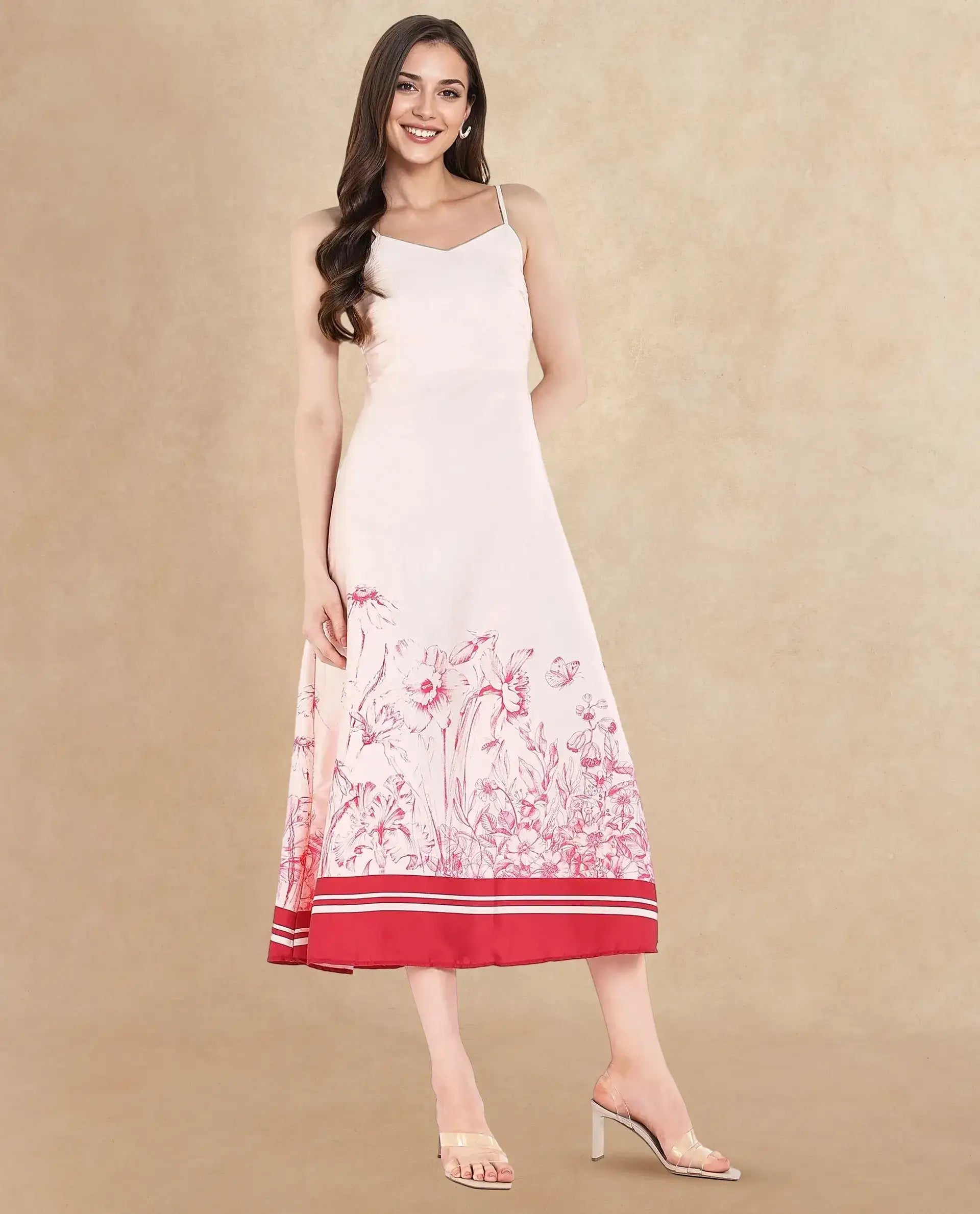 Rareism Women's Ferrara Beige Satin Shoulder Strap Floral Print Shoulder Strap Maxi Bodycon Dress