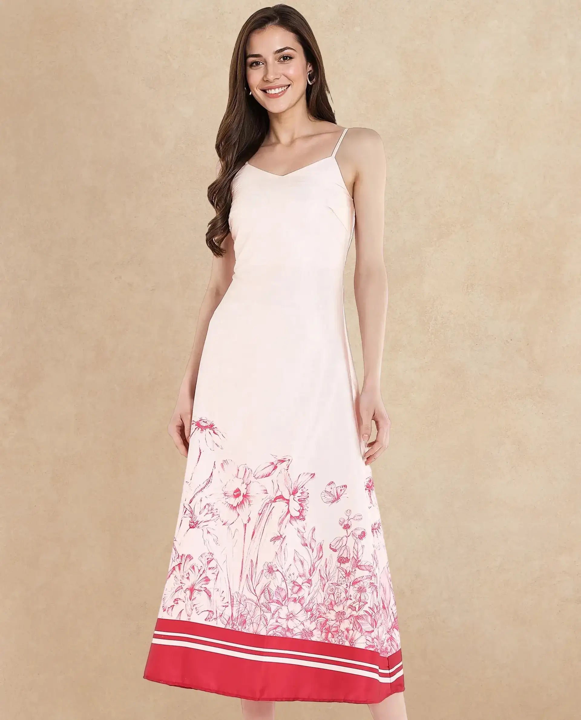 Rareism Women's Ferrara Beige Satin Shoulder Strap Floral Print Shoulder Strap Maxi Bodycon Dress