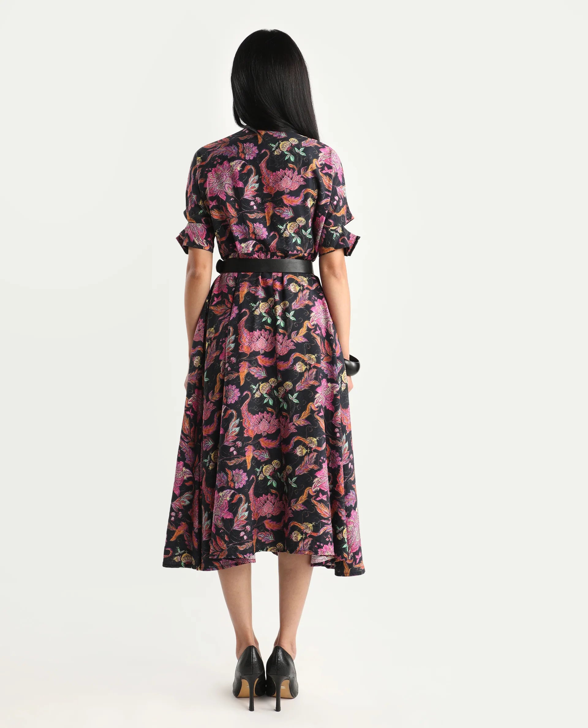 Rareism Women's Fertash Dark Multi Cotton Blend Drop Collar Abstract Print Cutout Sleeve Midi A-Line Dress