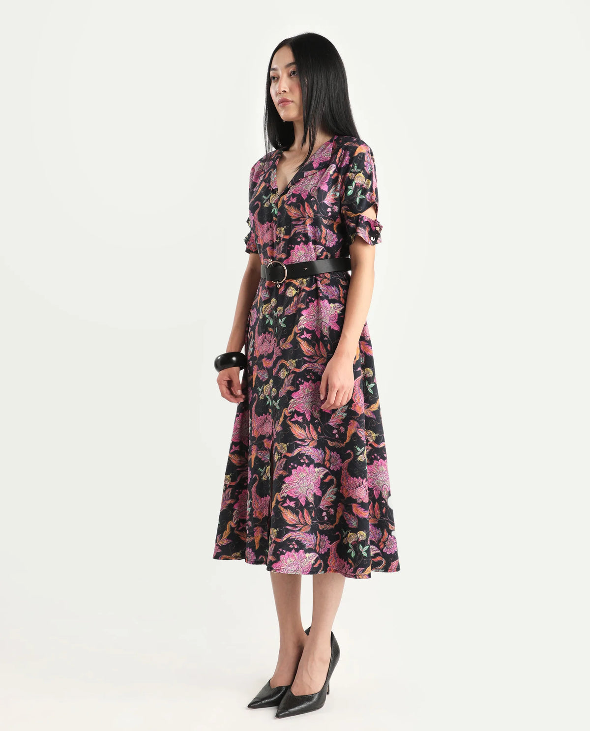 Rareism Women's Fertash Dark Multi Cotton Blend Drop Collar Abstract Print Cutout Sleeve Midi A-Line Dress