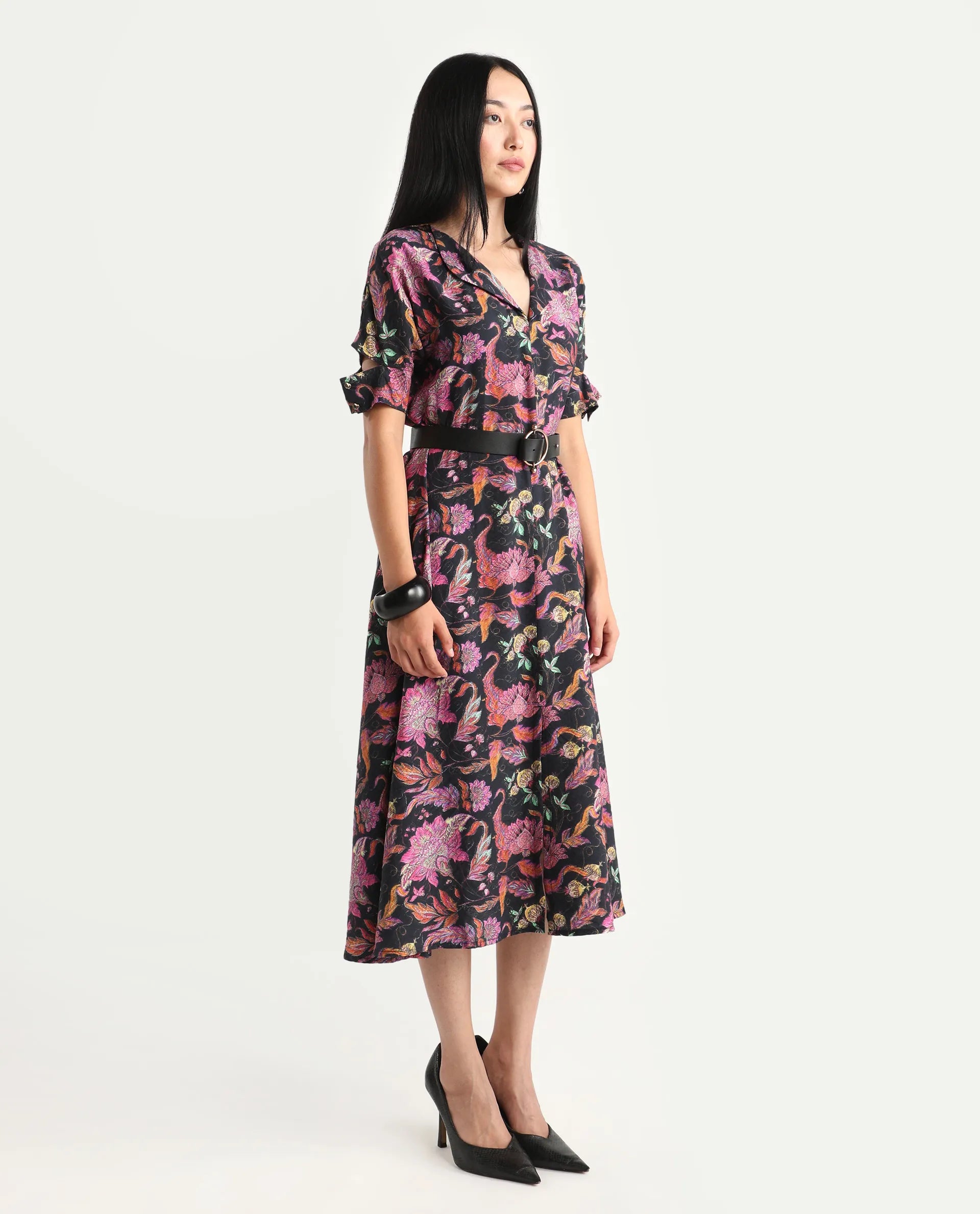 Rareism Women's Fertash Dark Multi Cotton Blend Drop Collar Abstract Print Cutout Sleeve Midi A-Line Dress