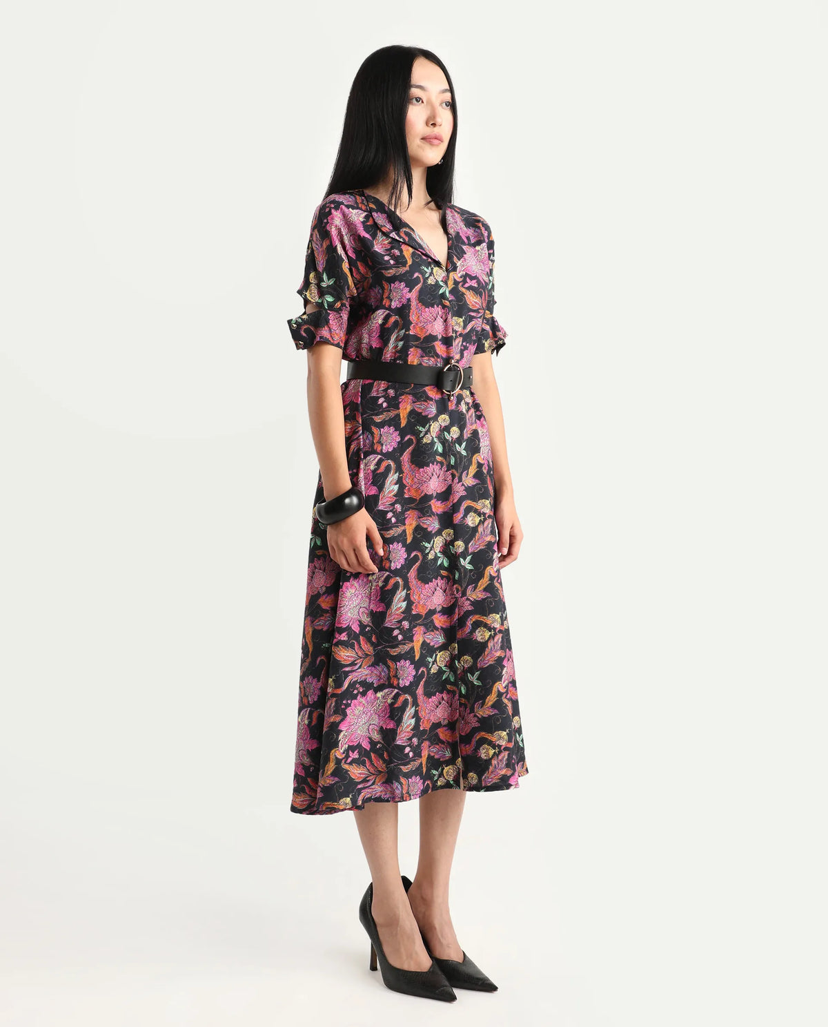 Rareism Women's Fertash Dark Multi Cotton Blend Drop Collar Abstract Print Cutout Sleeve Midi A-Line Dress