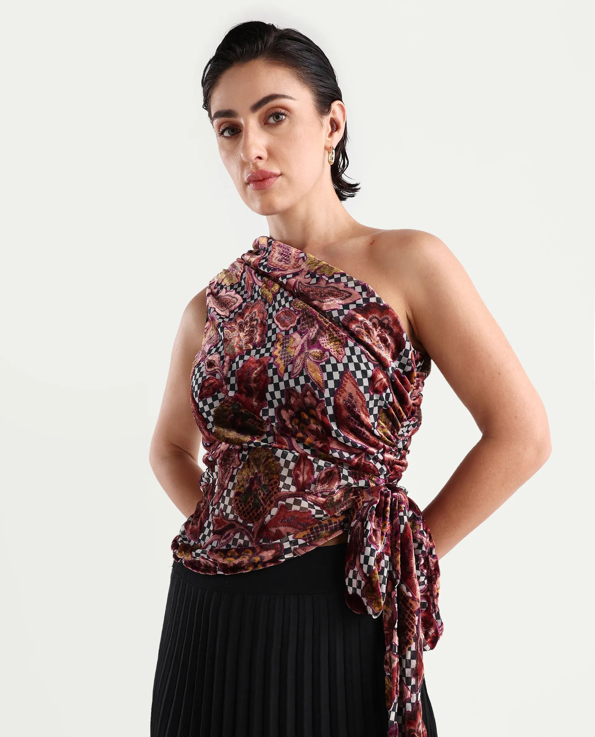 Rareism Women's Fertin Multi Polyester One Shoulder Floral Print Sleeveless Regular Fitted Top
