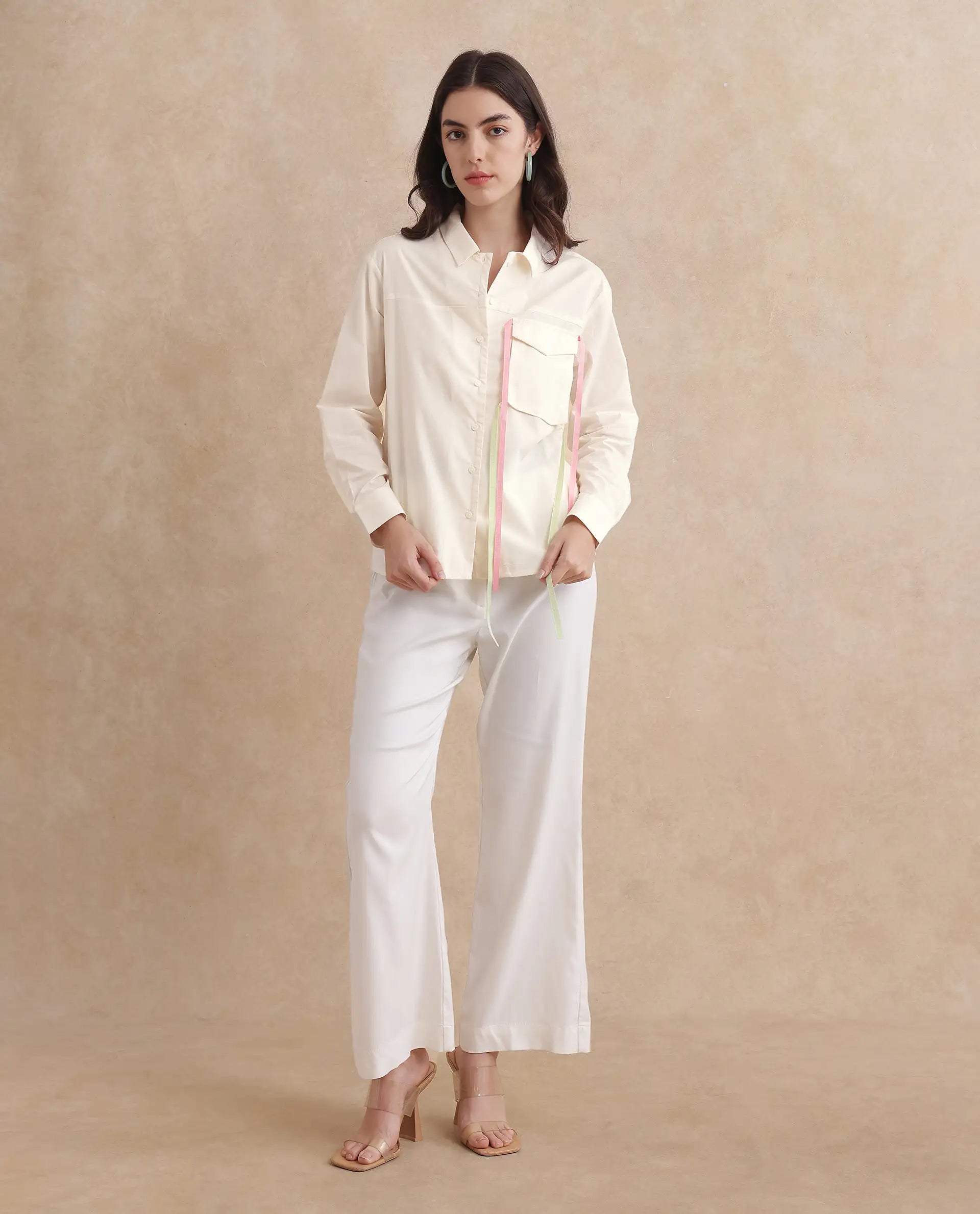 Rareism Women's Fetopl Beige Cotton Spread Collar Graphic Print Cuffed Sleeve Boxy Fit Shirt