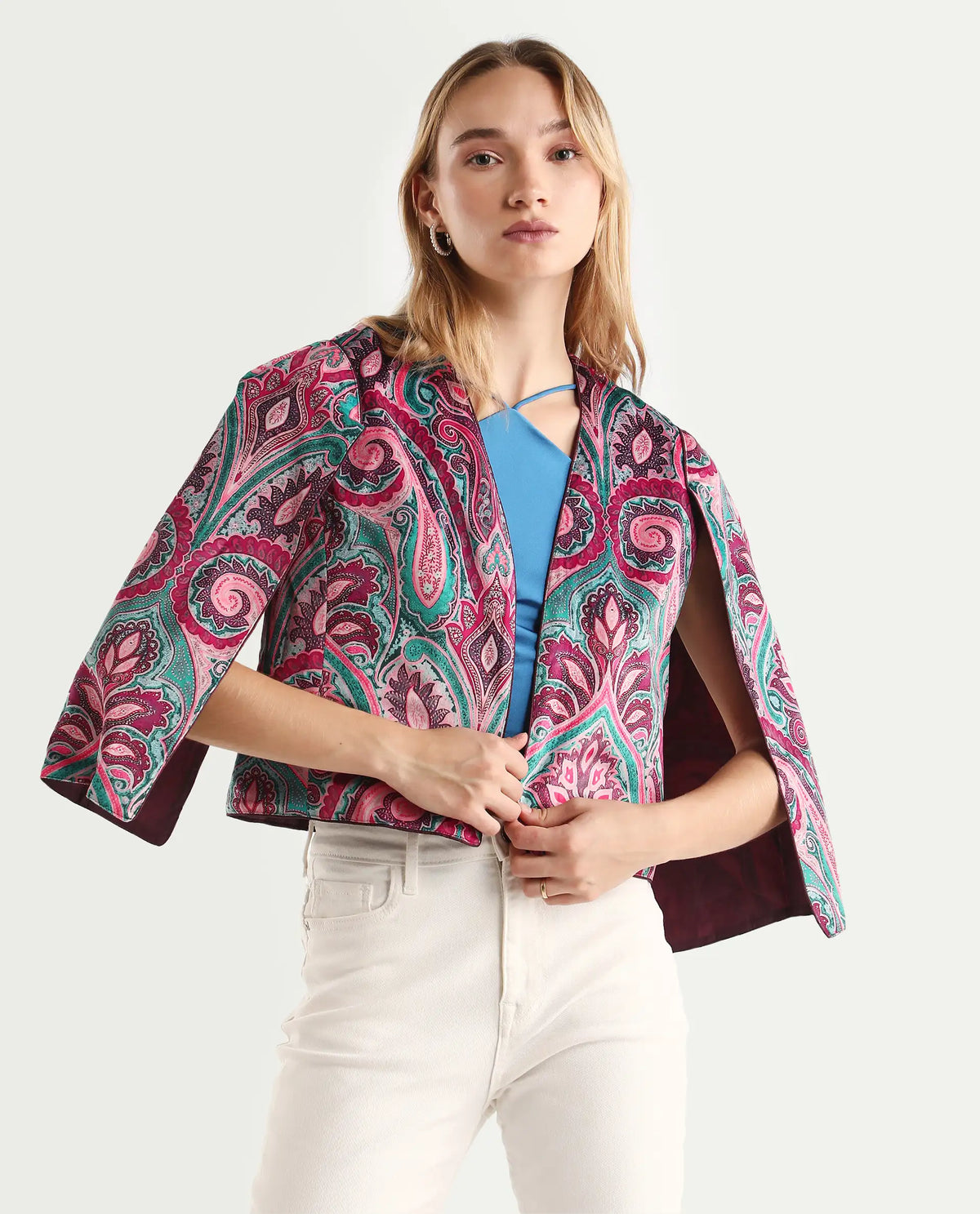 Rareism Women's Fewdy Multi Polyester Blend Collarless Paisley Print Crop Regular Fit Jacket