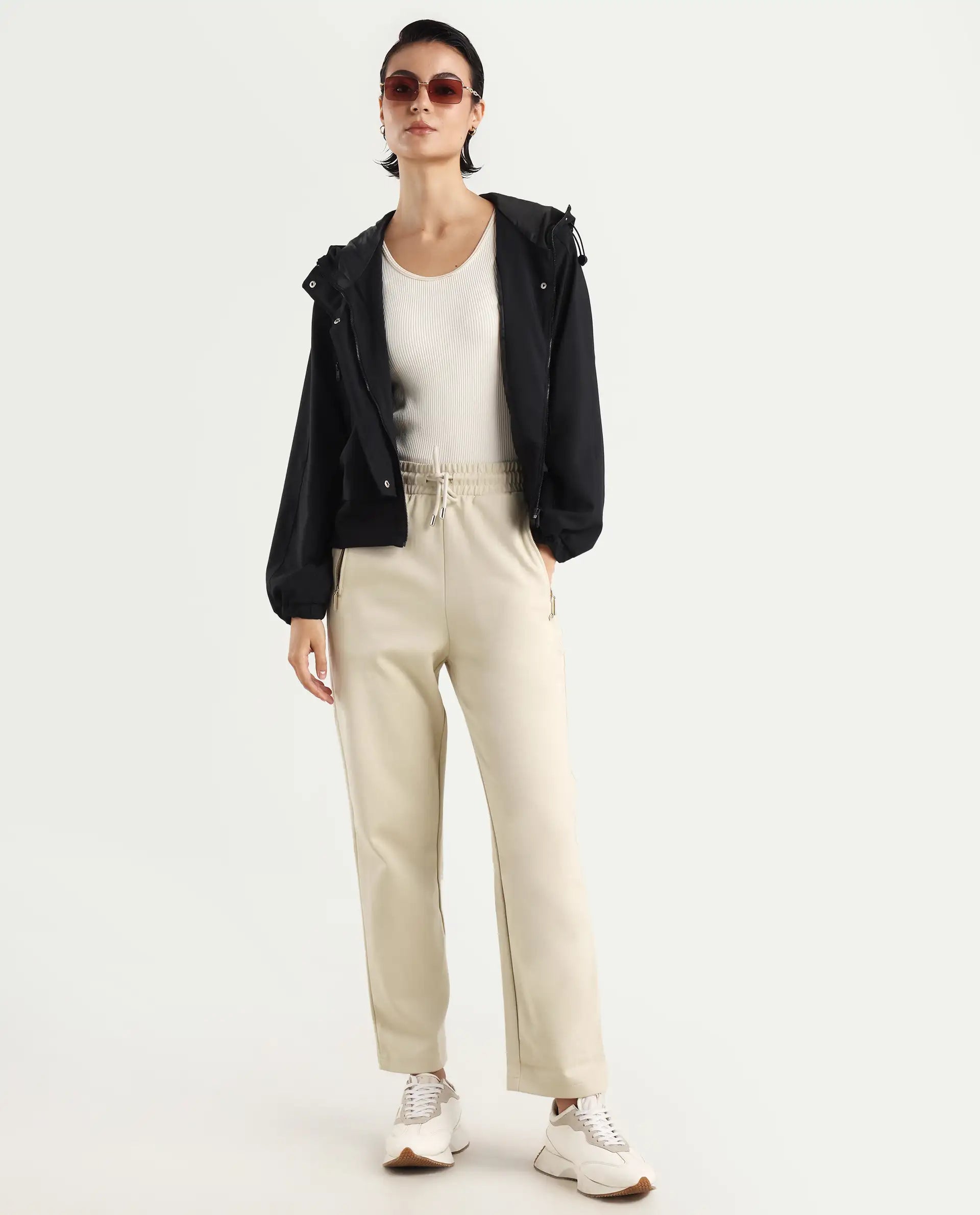 Rareism Women's Fider Beige Cotton Blend Plain Ankle Length Tapered Track Pant