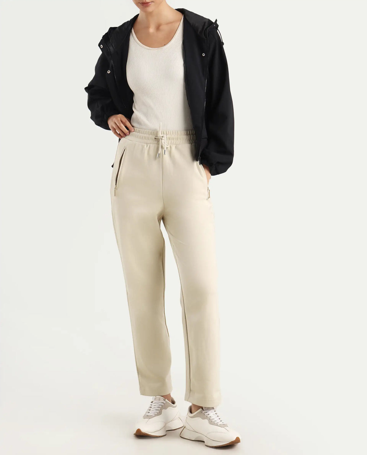 Rareism Women's Fider Beige Cotton Blend Plain Ankle Length Tapered Track Pant