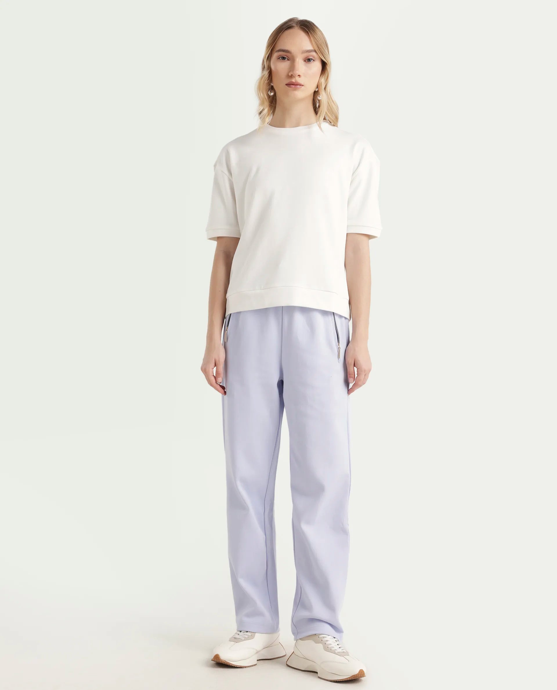 Rareism Women's Fider Light Blue Cotton Blend Plain Ankle Length Tapered Track Pant