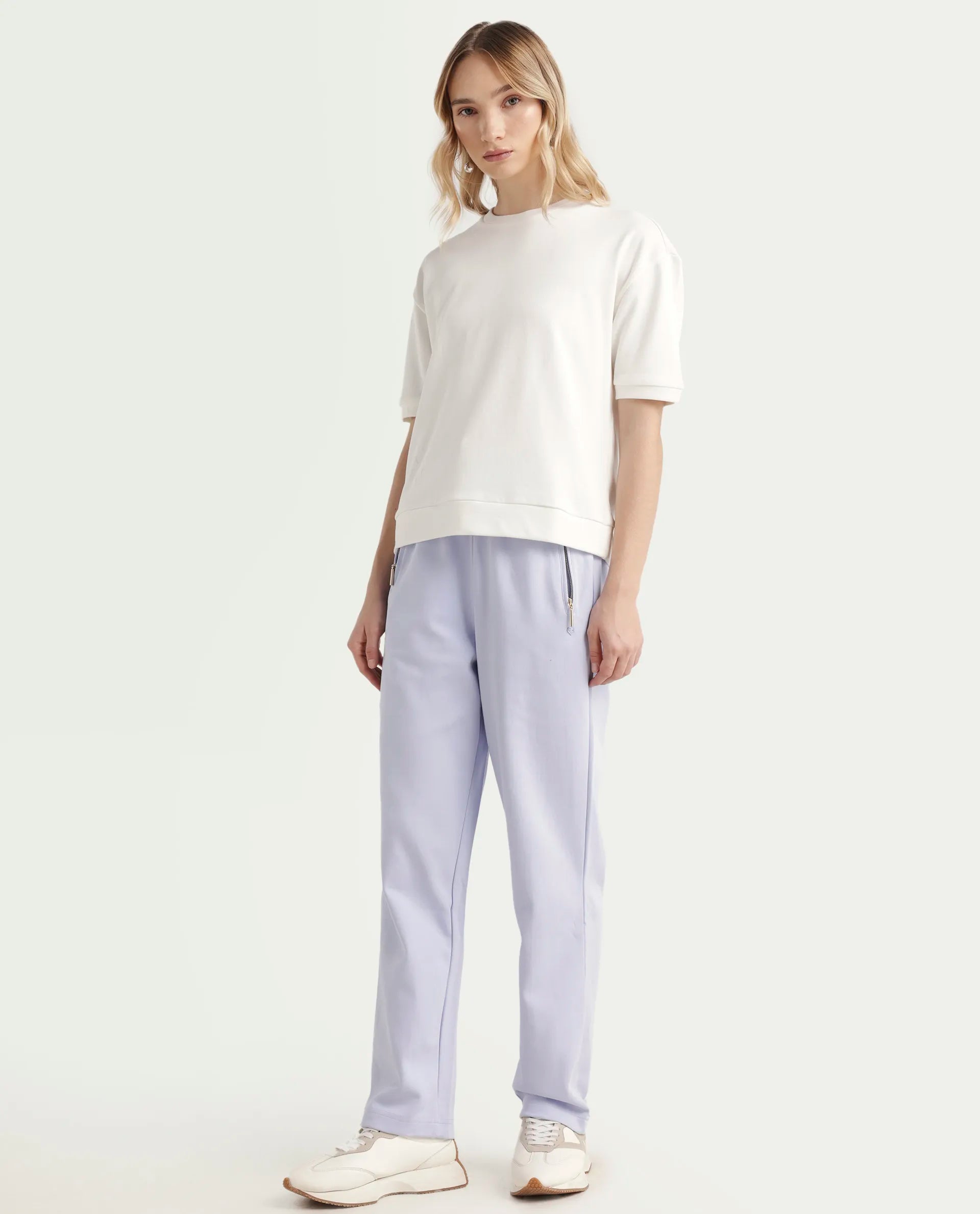 Rareism Women's Fider Light Blue Cotton Blend Plain Ankle Length Tapered Track Pant