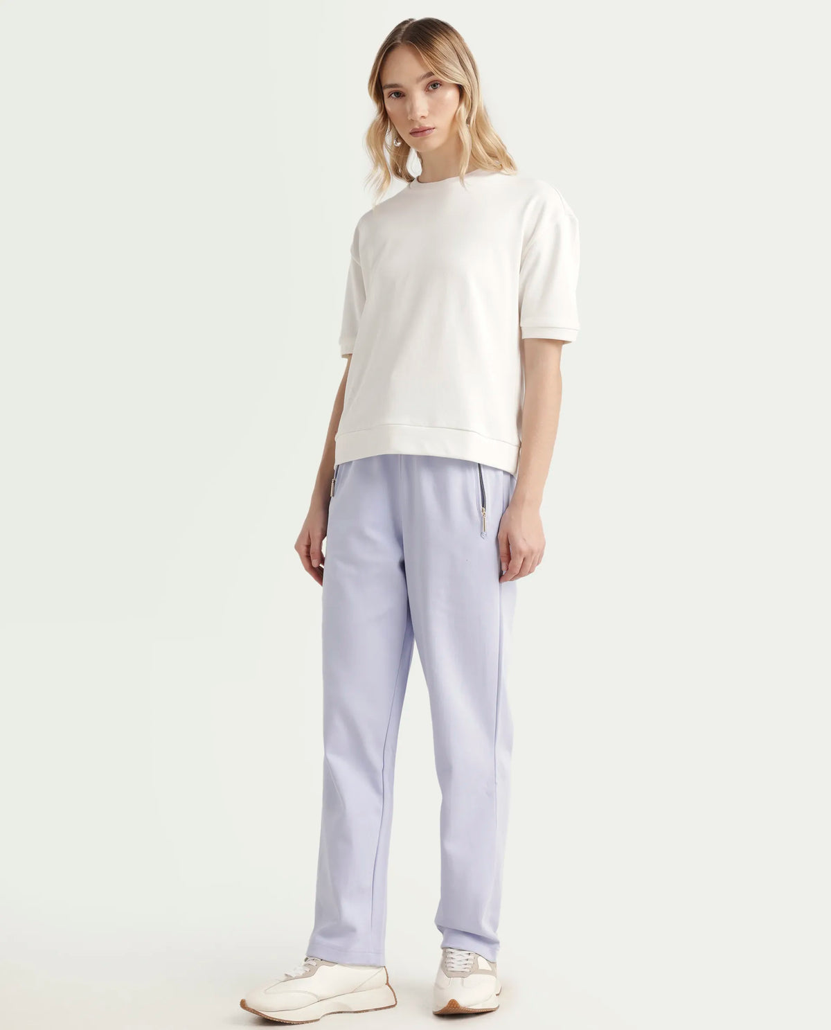 Rareism Women's Fider Light Blue Cotton Blend Plain Ankle Length Tapered Track Pant