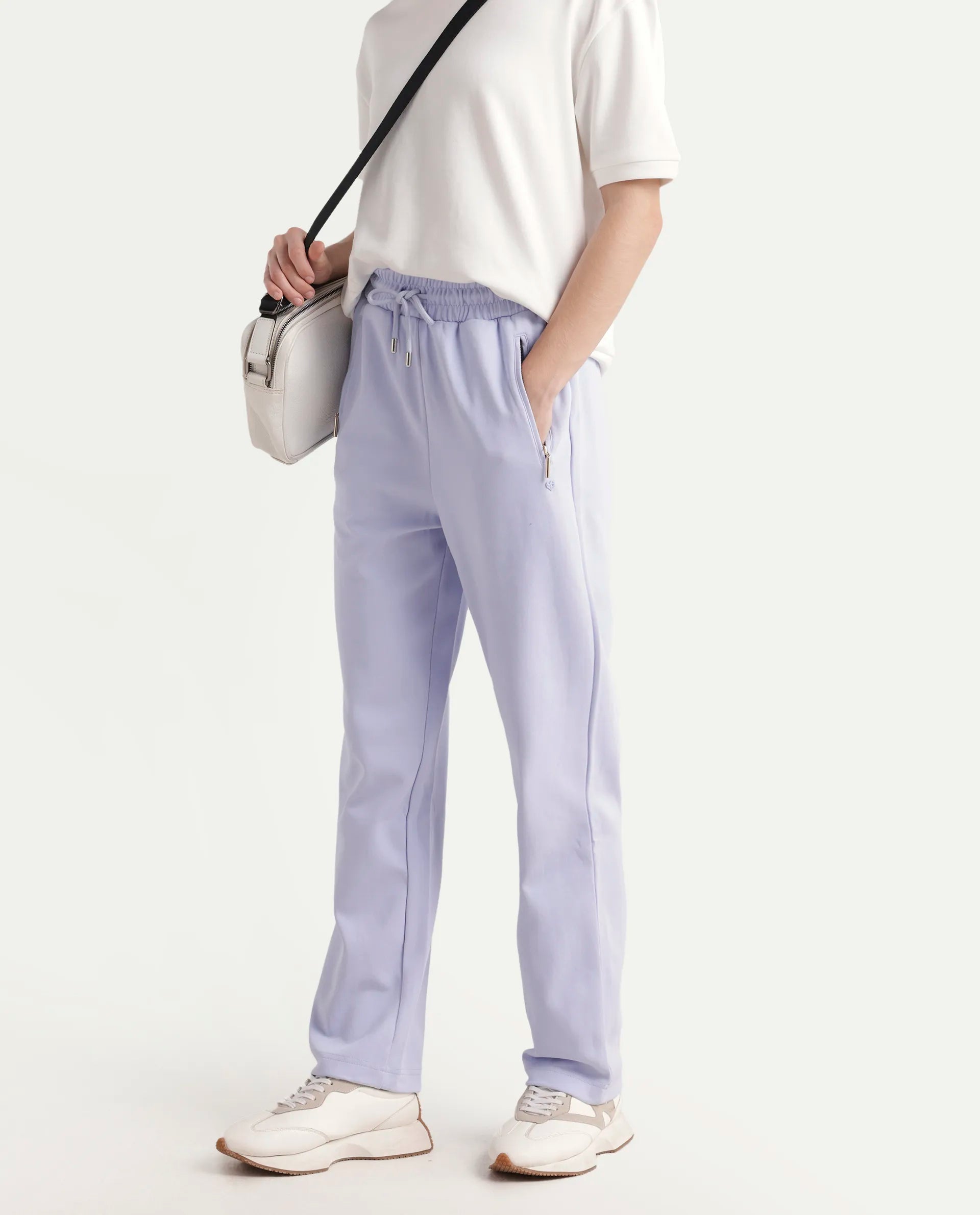 Rareism Women's Fider Light Blue Cotton Blend Plain Ankle Length Tapered Track Pant