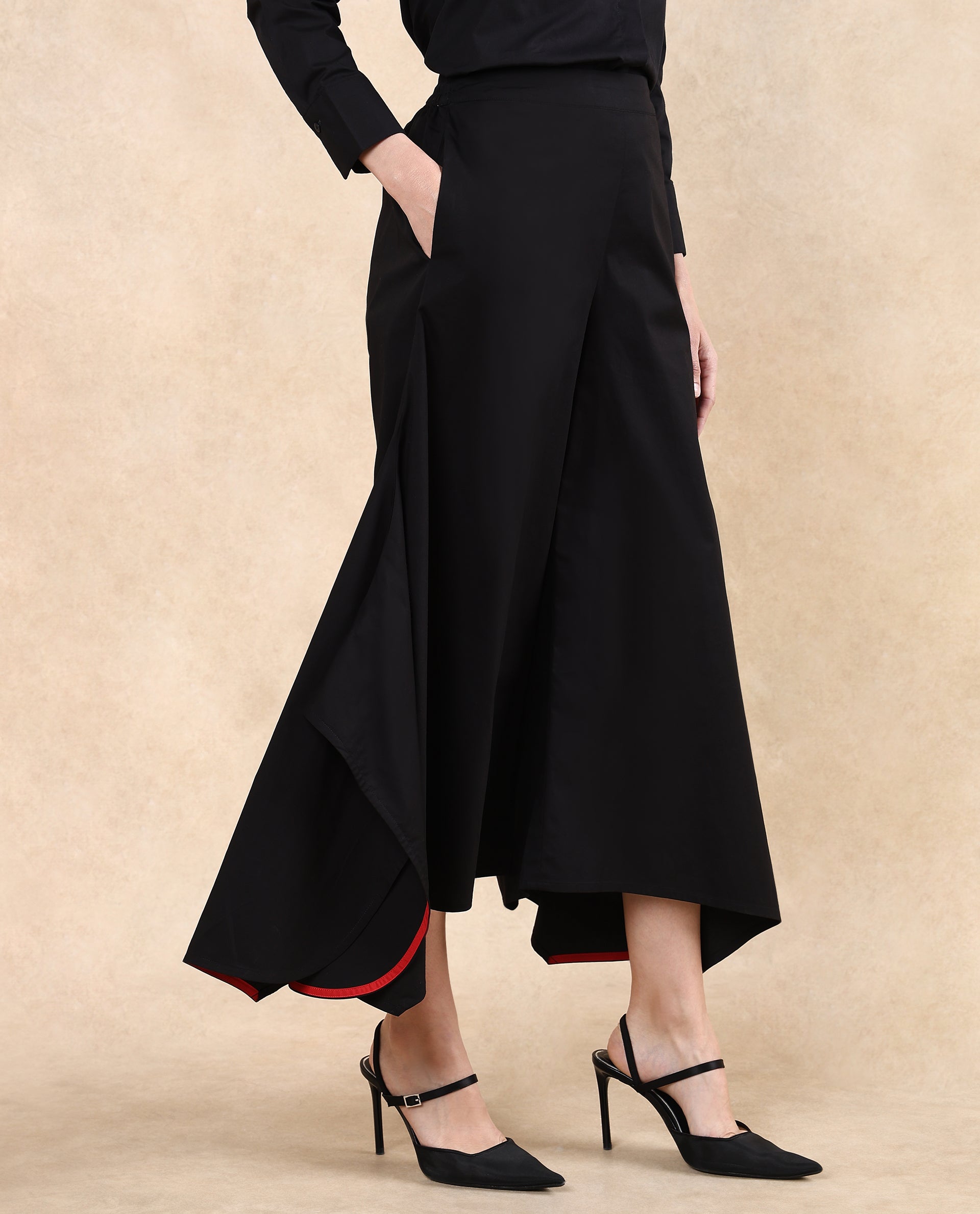 Rareism Women's Filom Black Cotton Blend Plain Ankle Length Flared Trouser