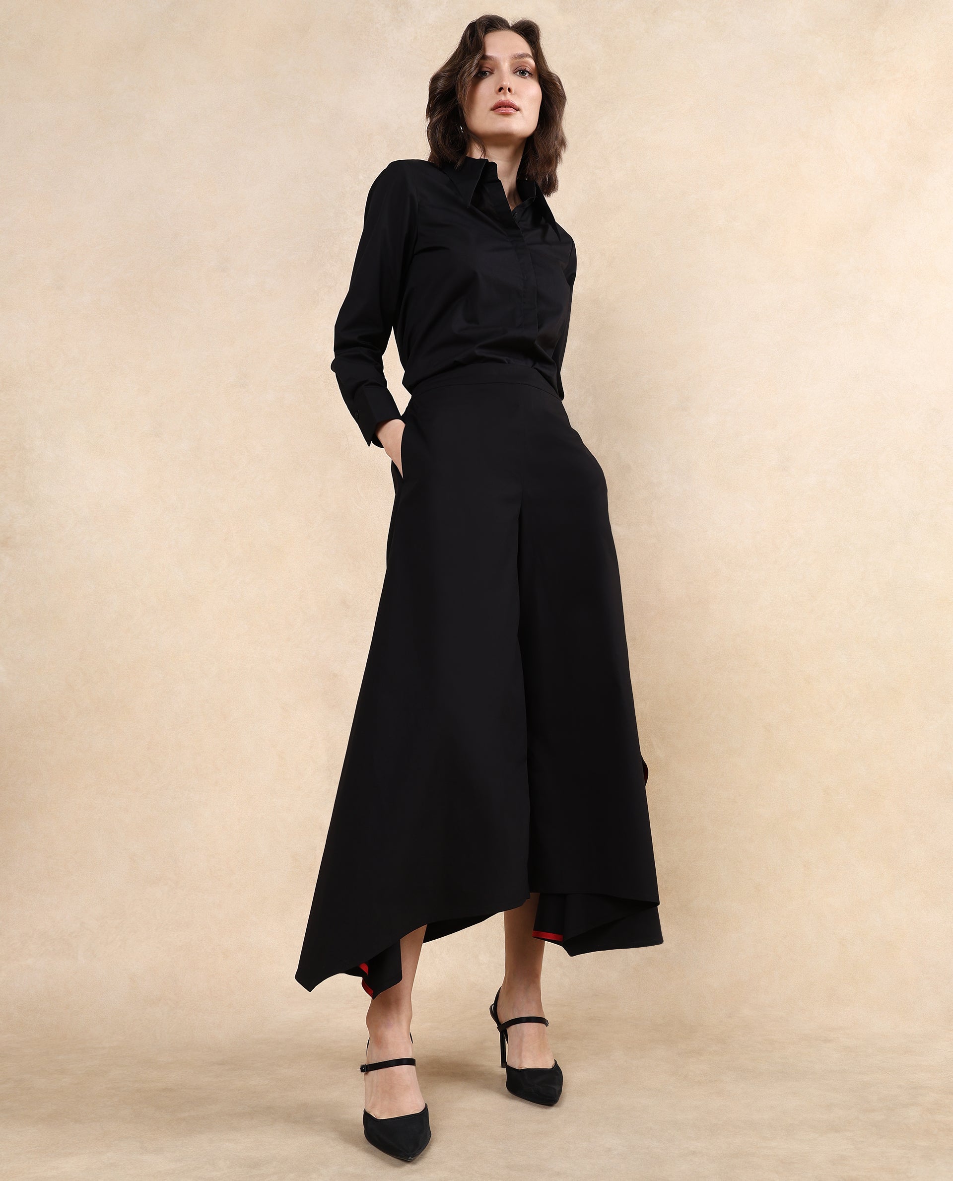 Rareism Women's Filom Black Cotton Blend Plain Ankle Length Flared Trouser