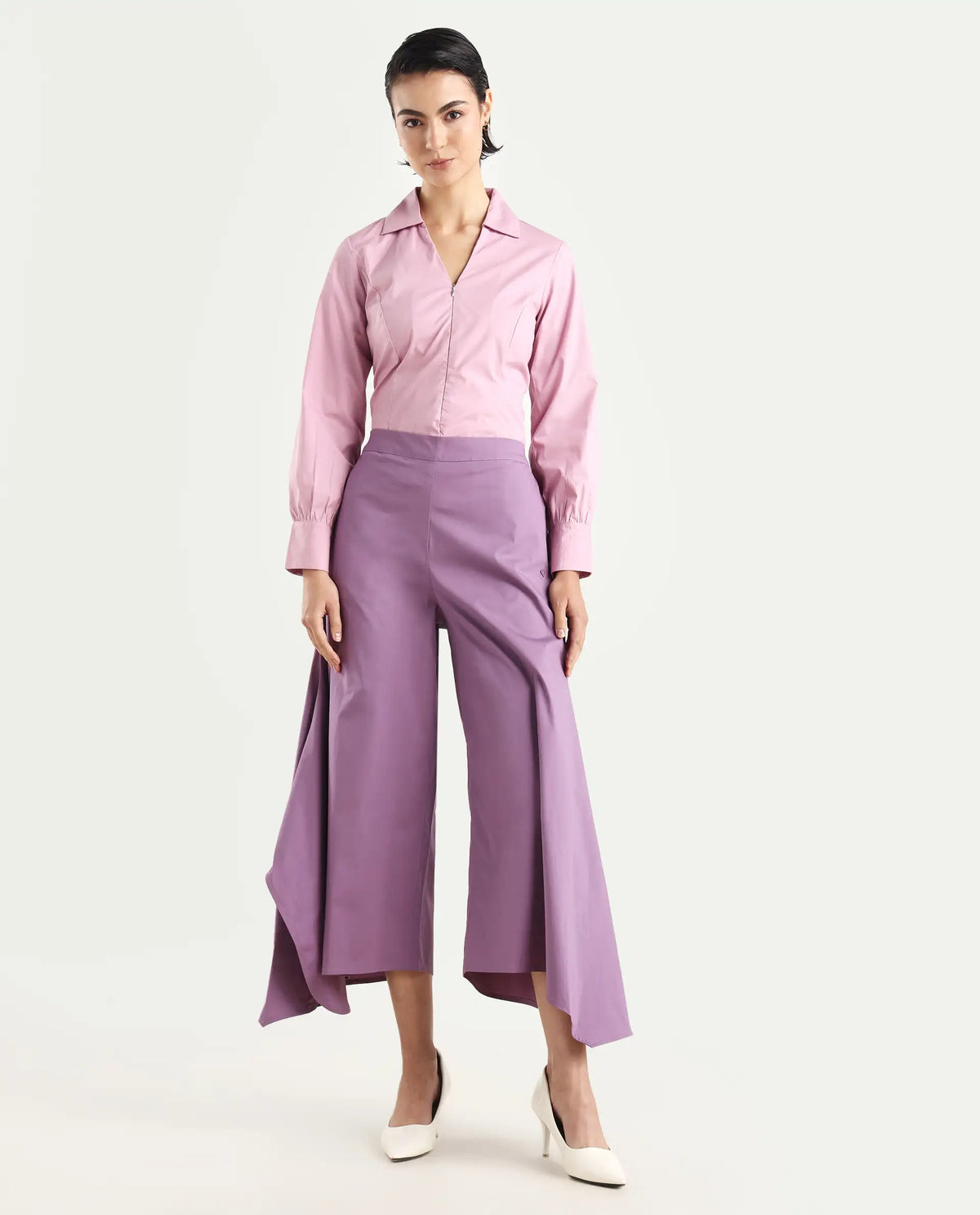 Rareism Women's Filom Dusky Purple Cotton Blend Plain Ankle Length Flared Trouser