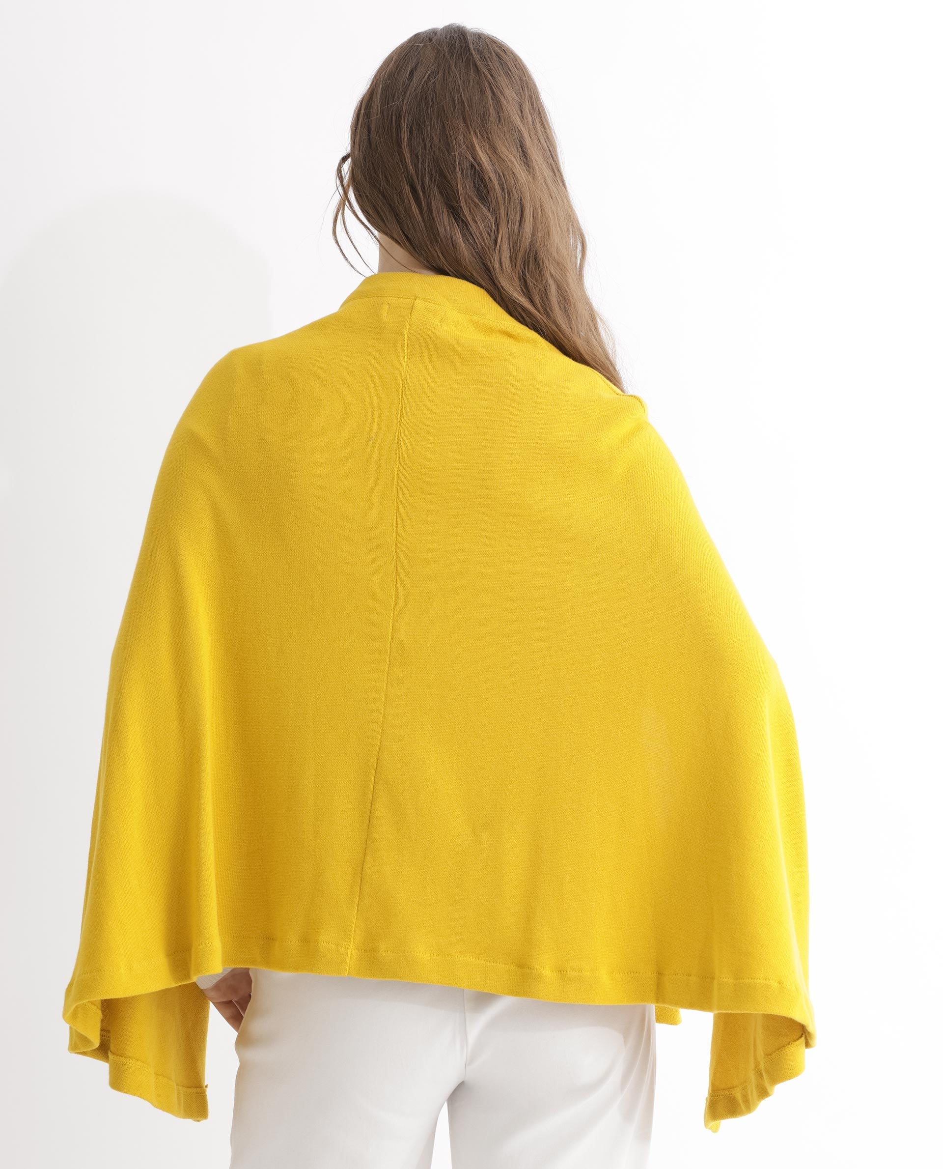 Rareism Women's Finley Mustard Cotton Collarless Plain Cape Sleeve Relaxed Fit Sweater