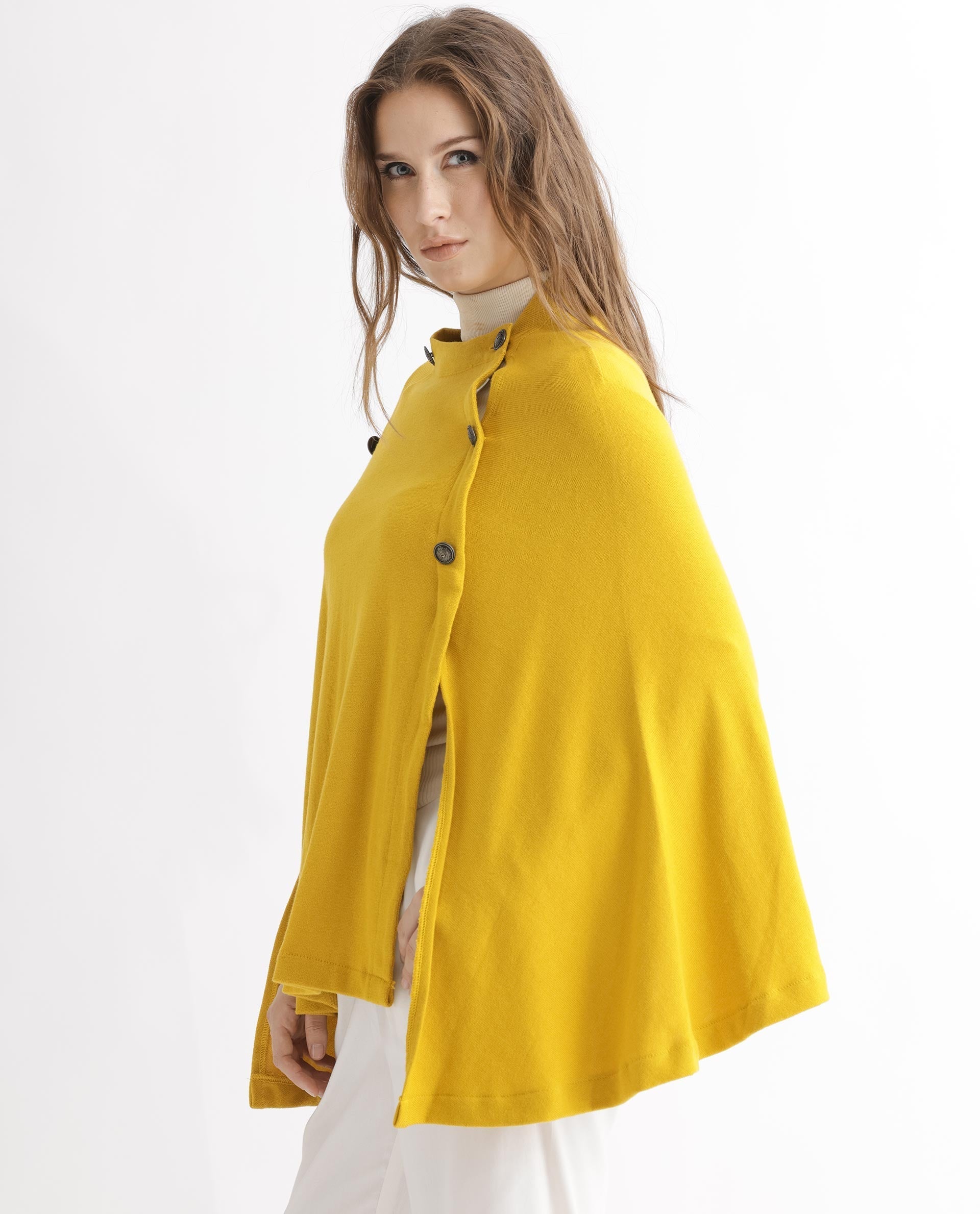 Rareism Women's Finley Mustard Cotton Collarless Plain Cape Sleeve Relaxed Fit Sweater