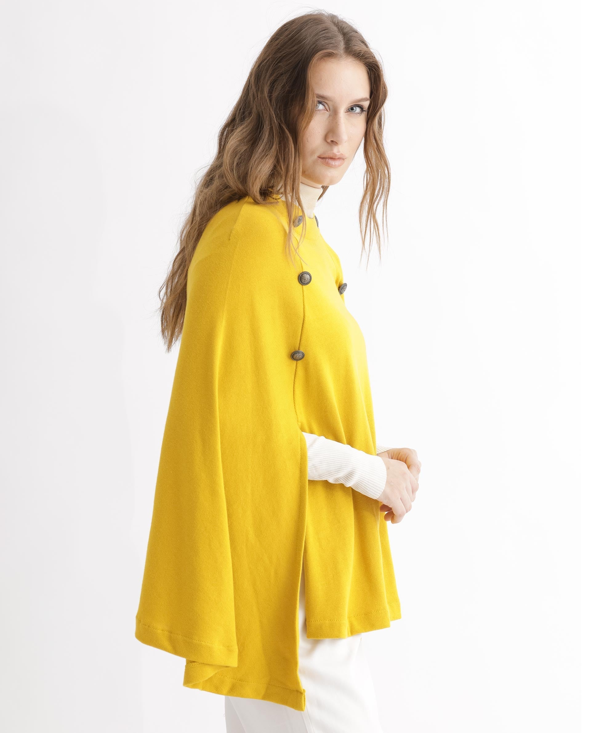 Rareism Women's Finley Mustard Cotton Collarless Plain Cape Sleeve Relaxed Fit Sweater