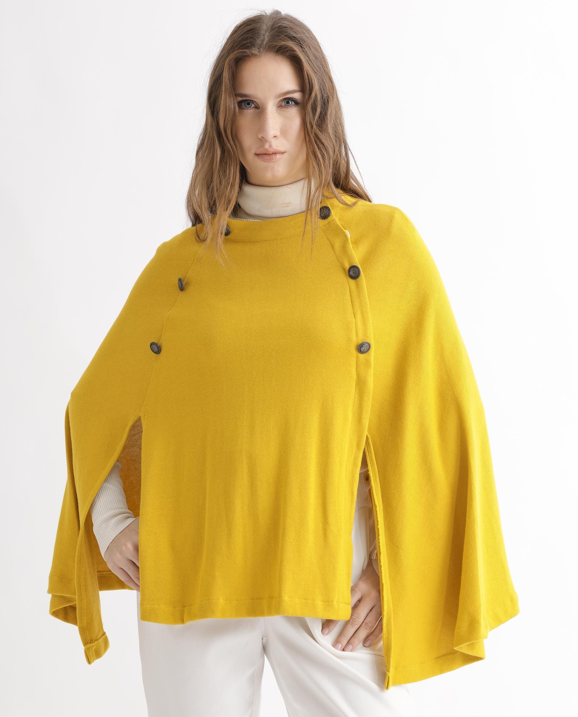 Rareism Women's Finley Mustard Cotton Collarless Plain Cape Sleeve Relaxed Fit Sweater
