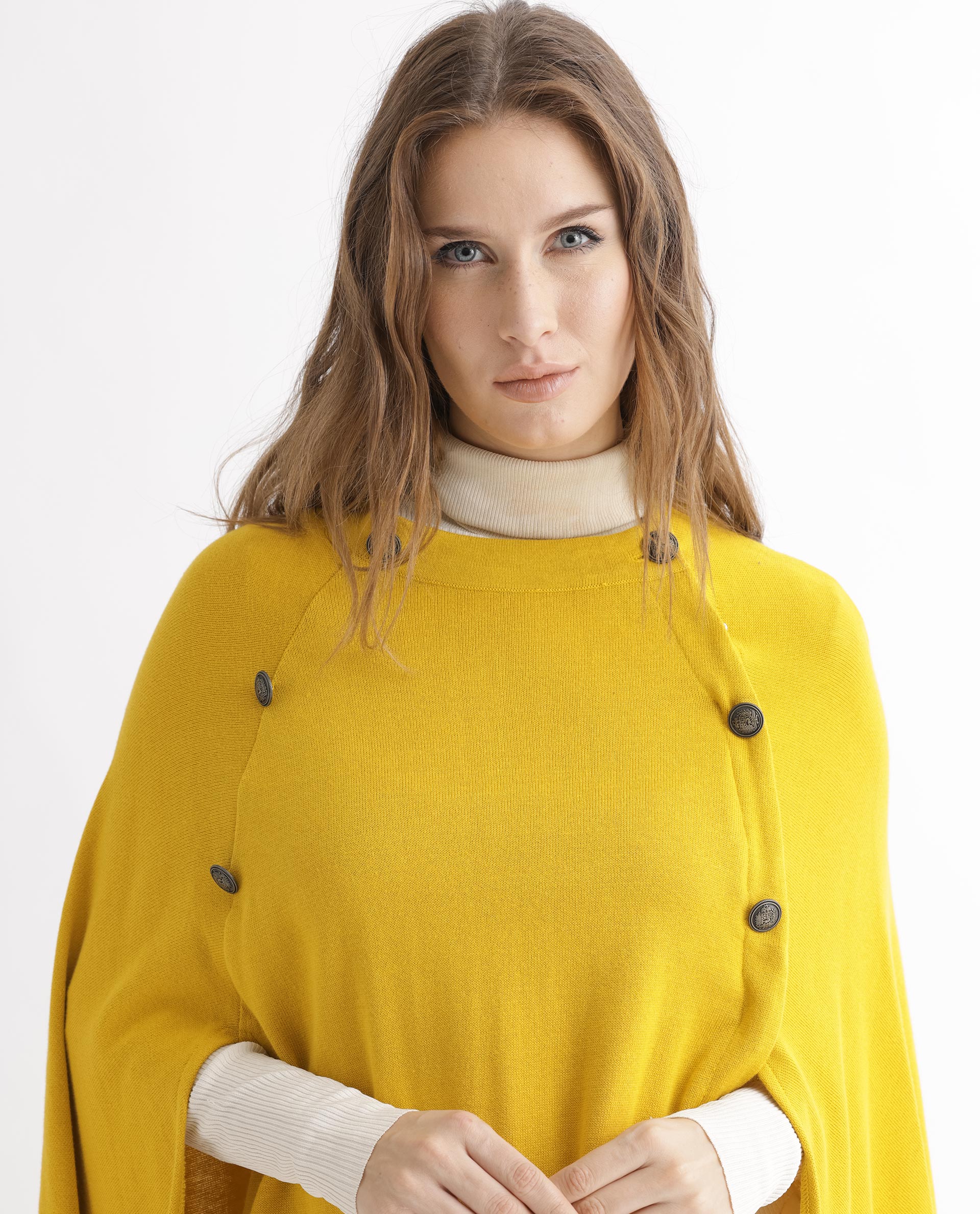 Rareism Women's Finley Mustard Cotton Collarless Plain Cape Sleeve Relaxed Fit Sweater
